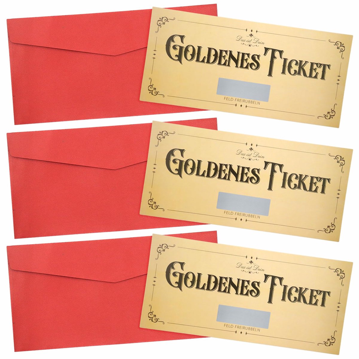 Set van 3 Gouden Gutscheincards, Rubbelloten en Enveloppen