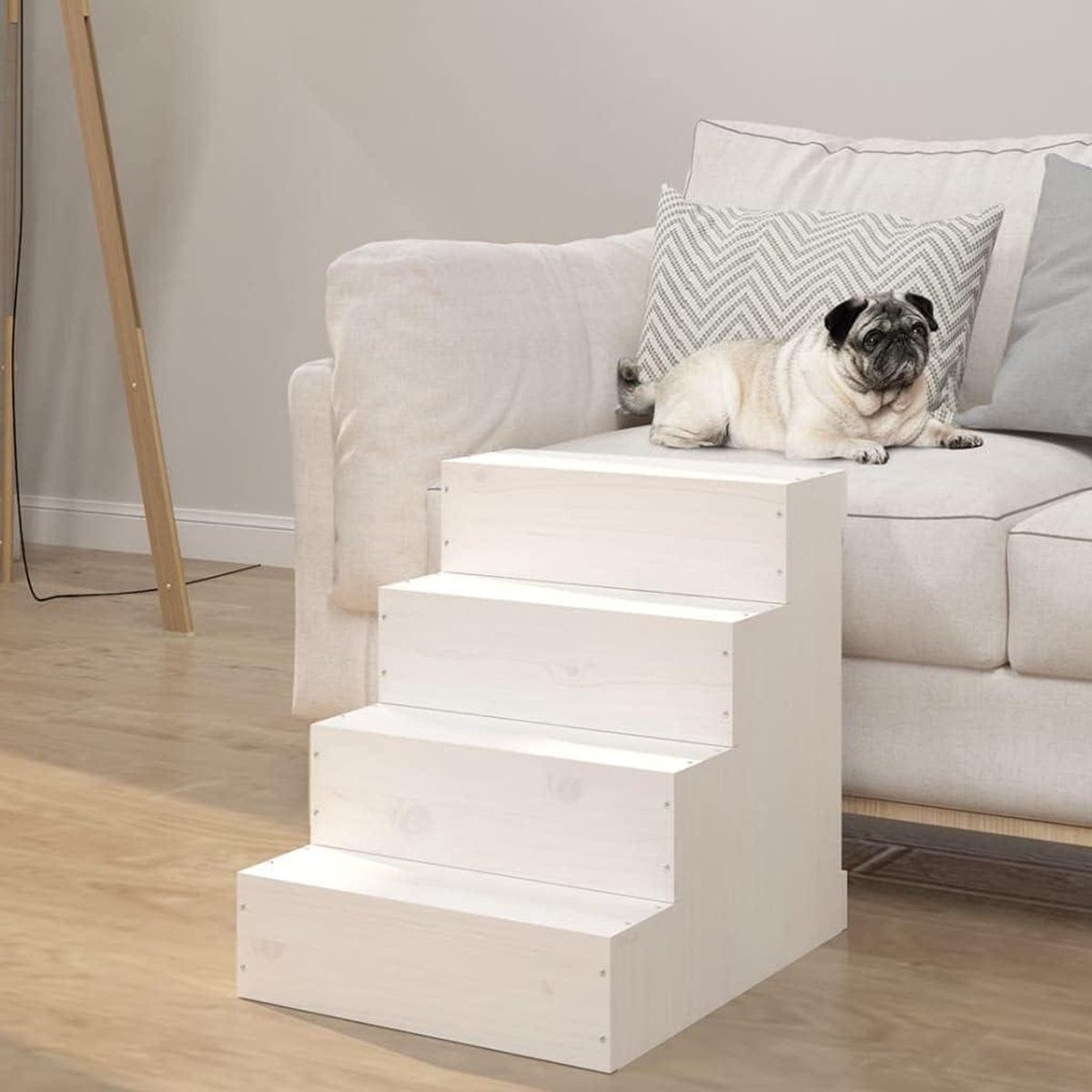 Huisdier Trap - Hondenladder Kattenladder - Hulp bij Omhoog - Massief Grenenhout - 40x49x47 cm - Wit
