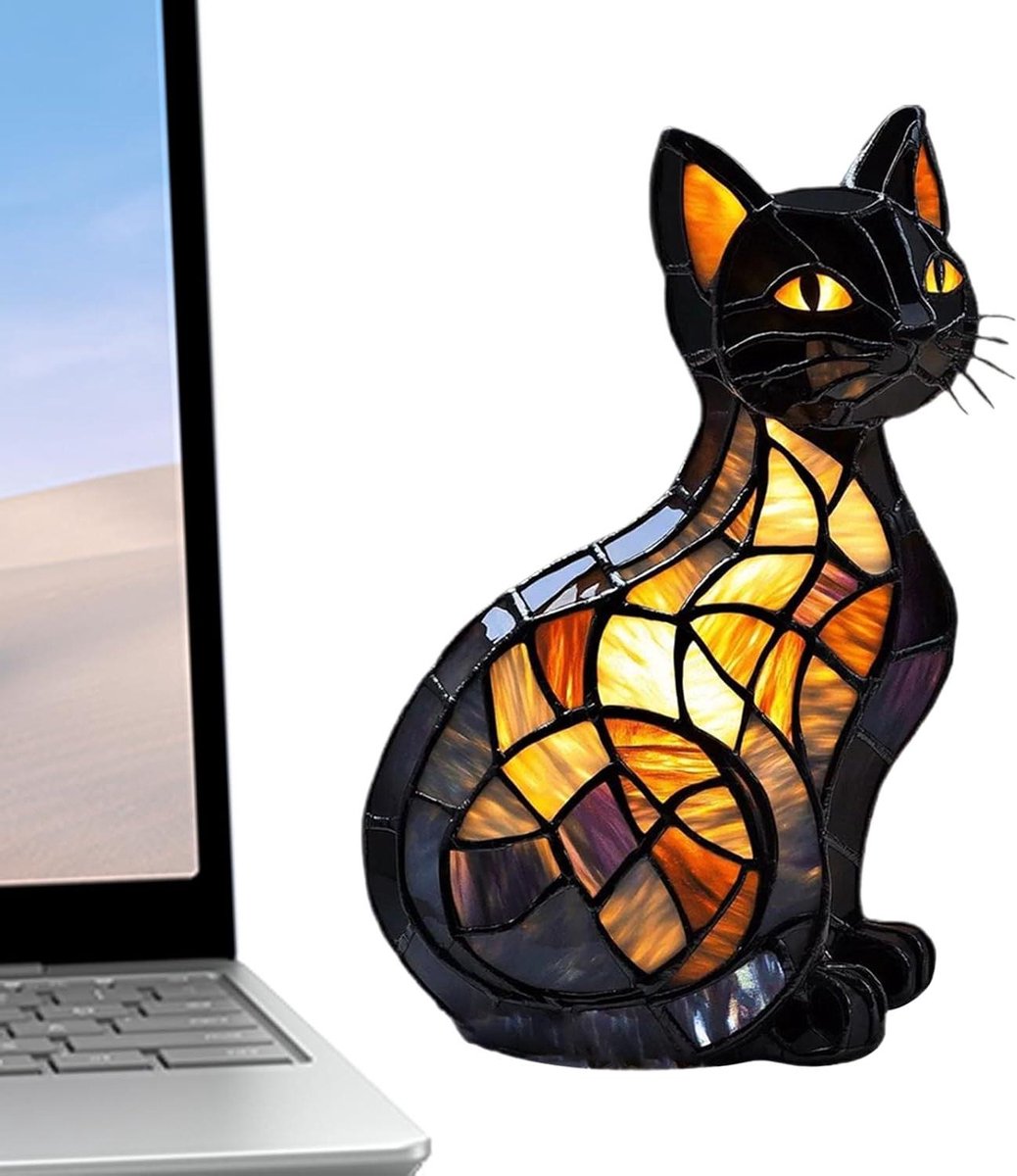 Dierenlamp Kat - Nachtlamp Hars - Sfeerverlichting Kamer - Handbeschilderd Design - 12 x 14 x 12 cm - Veelkleurig