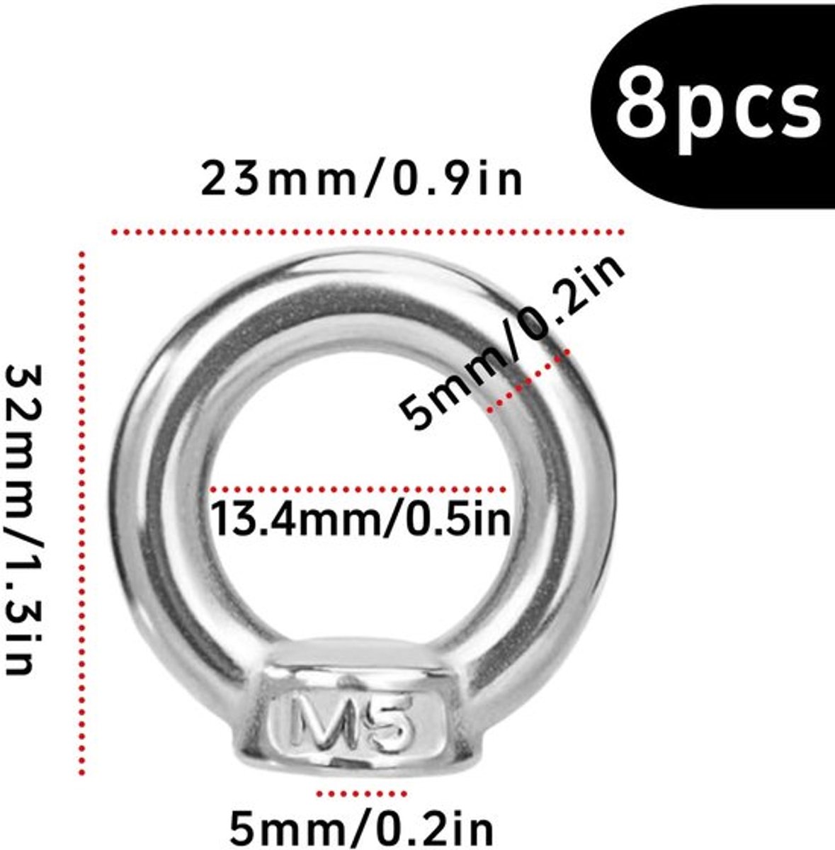 Ringbouten 8 stuks - M5 Schroefdraad - Roestvrij Staal 304 - Robuust en Betrouwbaar - Voor Professionele Lasten - Hoge Belastbaarheid - Oogschroef
