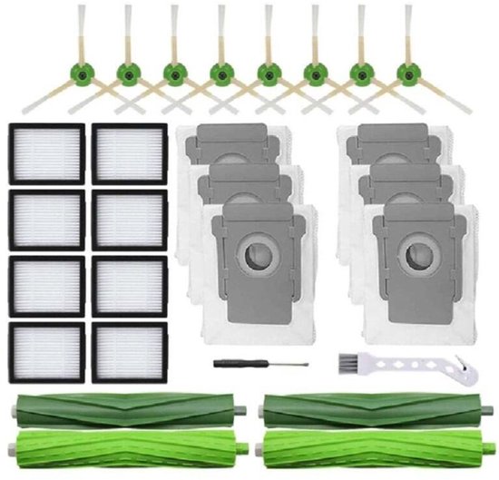 Een set met 2 groene en zwarte rollen, 8 HEPA-filters, 8 stofzuigerzakken en 8 schuine borstels.
