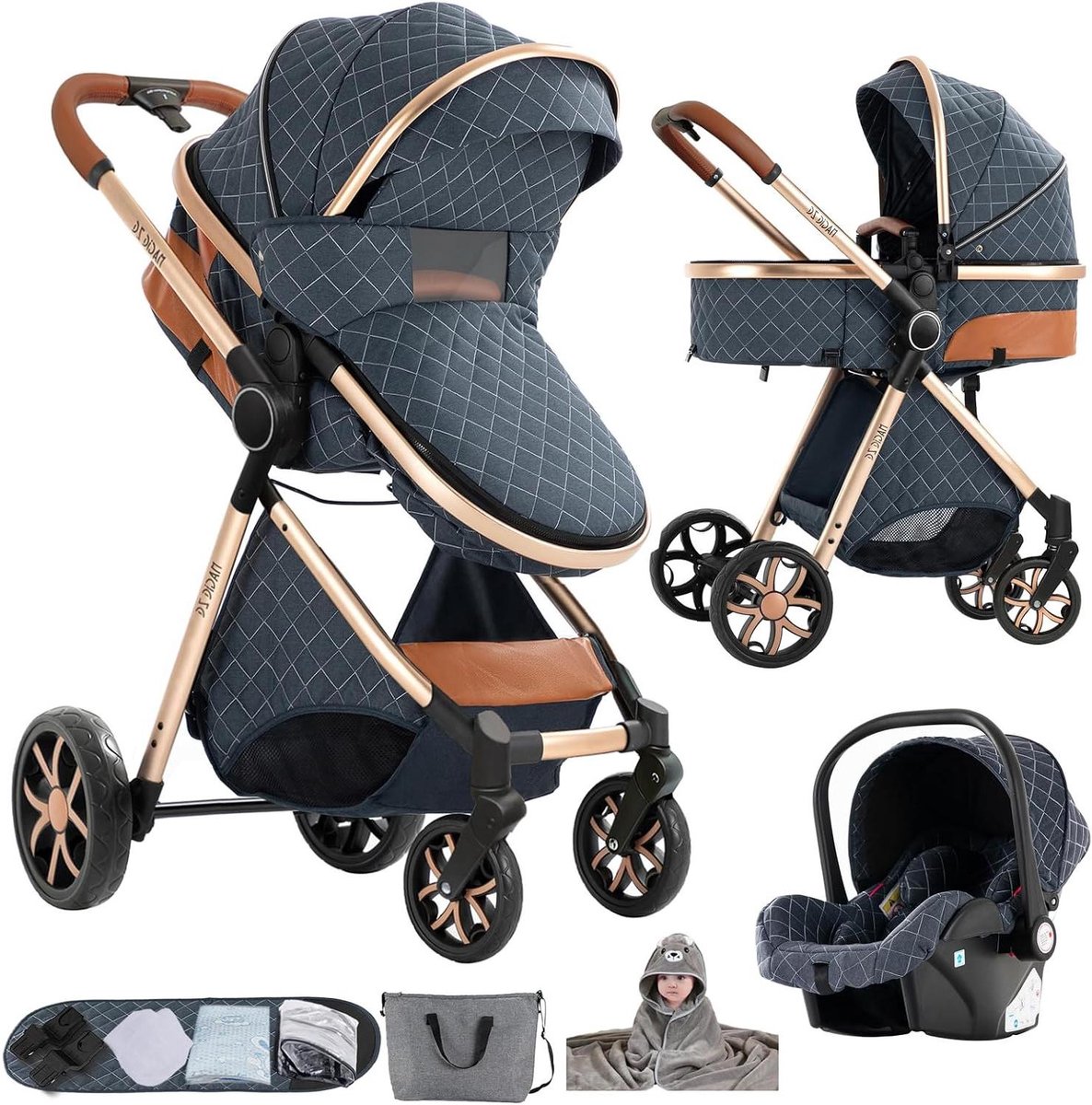 Baby Kinderwagen - Reiswieg Pram - Veilig Vervoer - 3-in-1 Multifunctioneel - 83 x 62 x 106 cm - Denim Blauw
