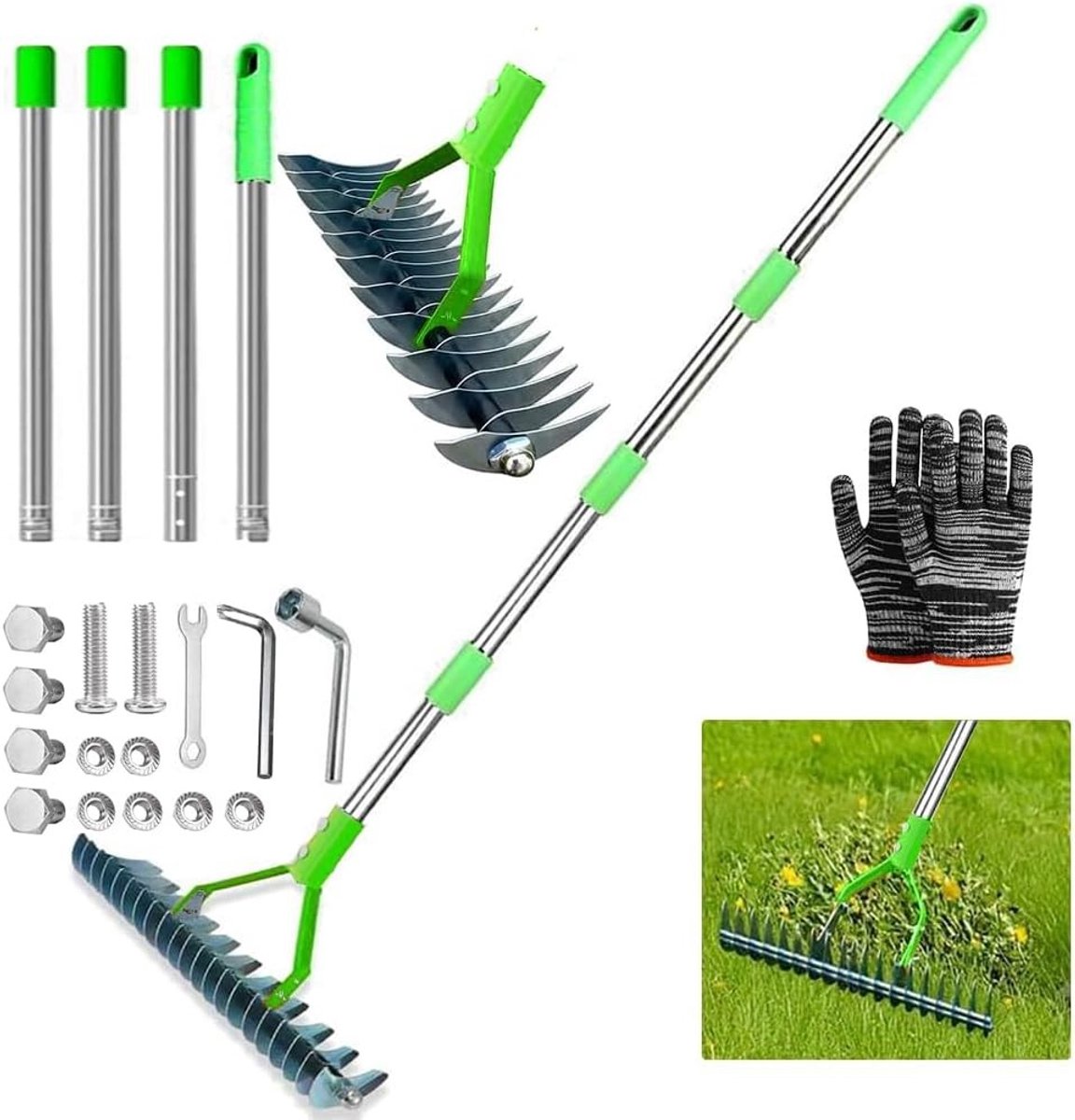 Gazonrakel - Groen - 170 cm - Verticuteermachine met Verstelbare Steel - Voor Gezond Gazononderhoud