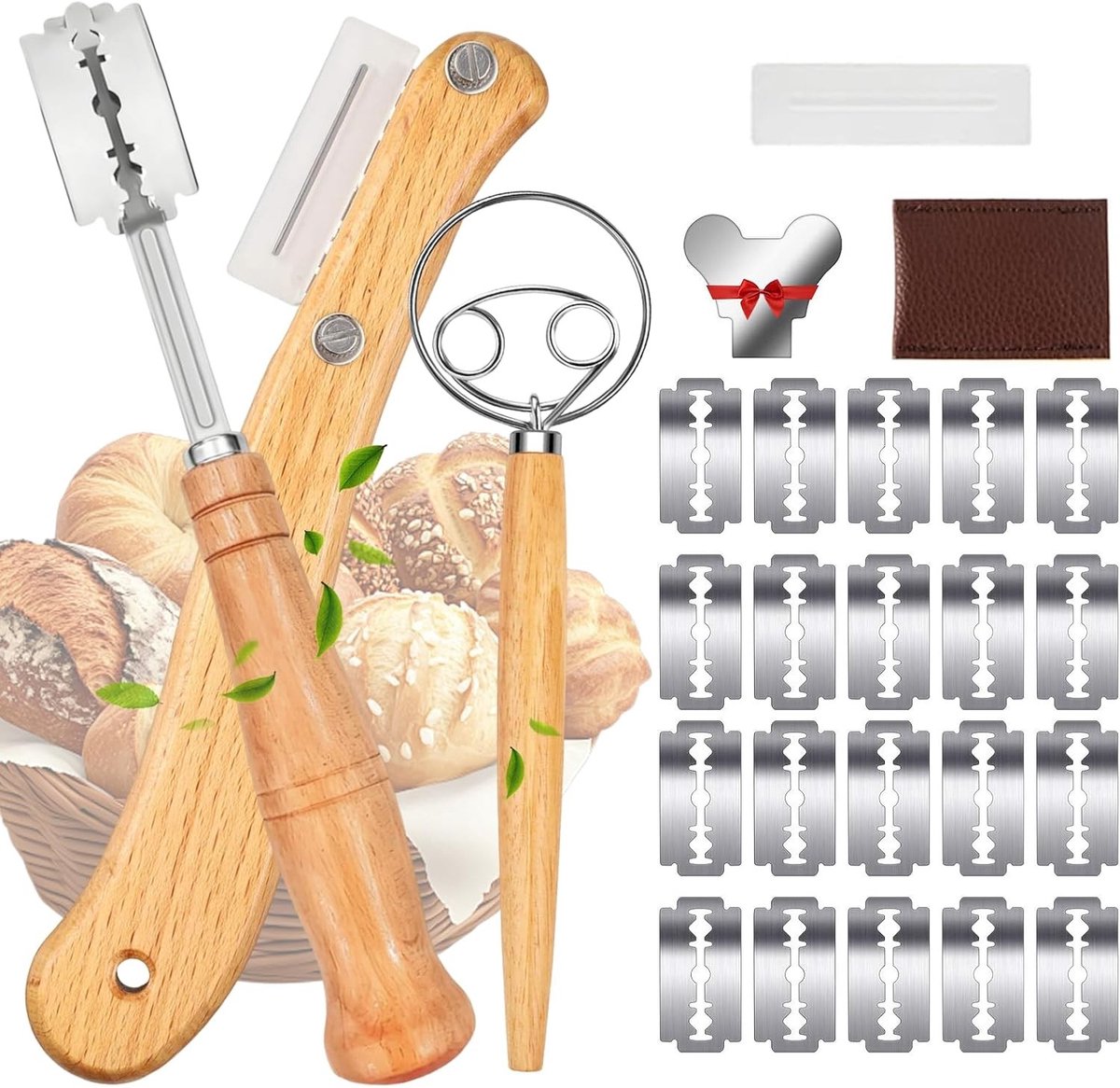 Deegmesje - Hout en Roestvrij Staal - 19 cm - Set van 3 Broodbakmessen met Leren Hoes - Voor Broodbakken