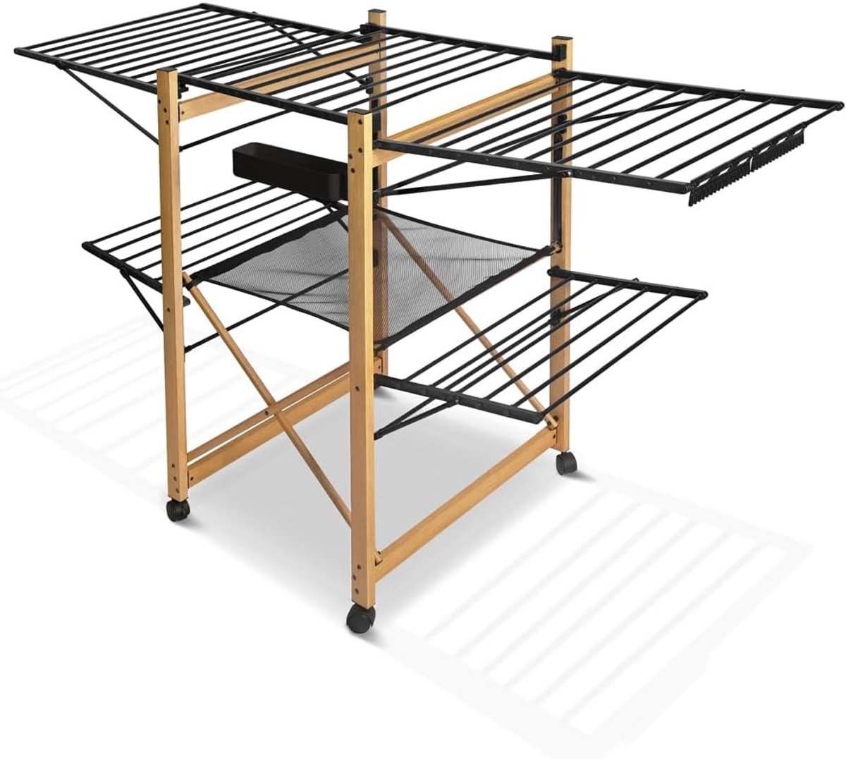 Droognet - Zwart - 180 x 61 x 105 cm - Uitschuifbaar Roestvrijstalen Droogrek met Wieltjes - Voor Binnen en Buiten