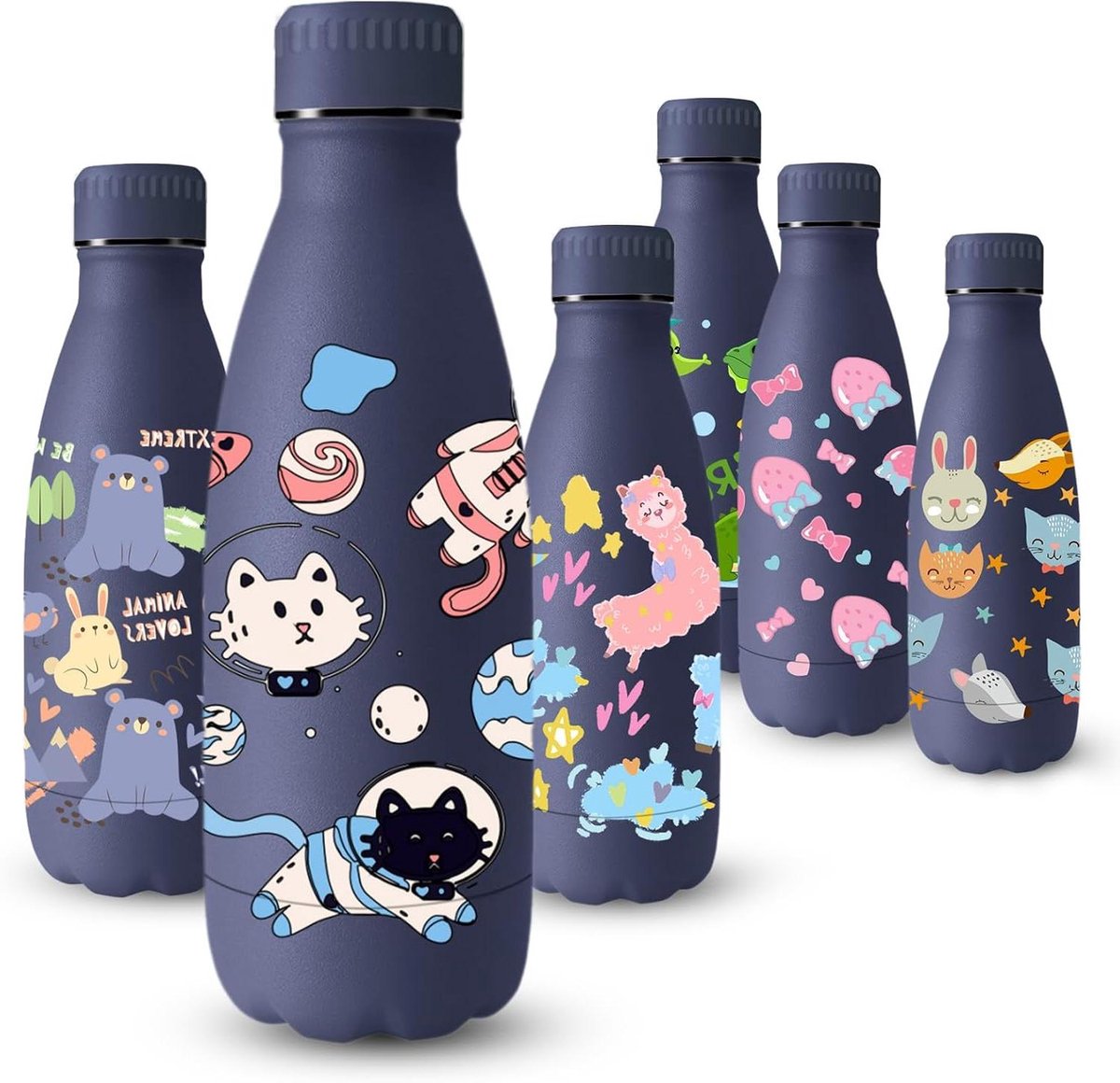 RVS Drinkfles - Thermosfles Kinderen - Drinken Meenemen - Dubbelwandige Isolatie - 350 ml - Blauw Met Kat