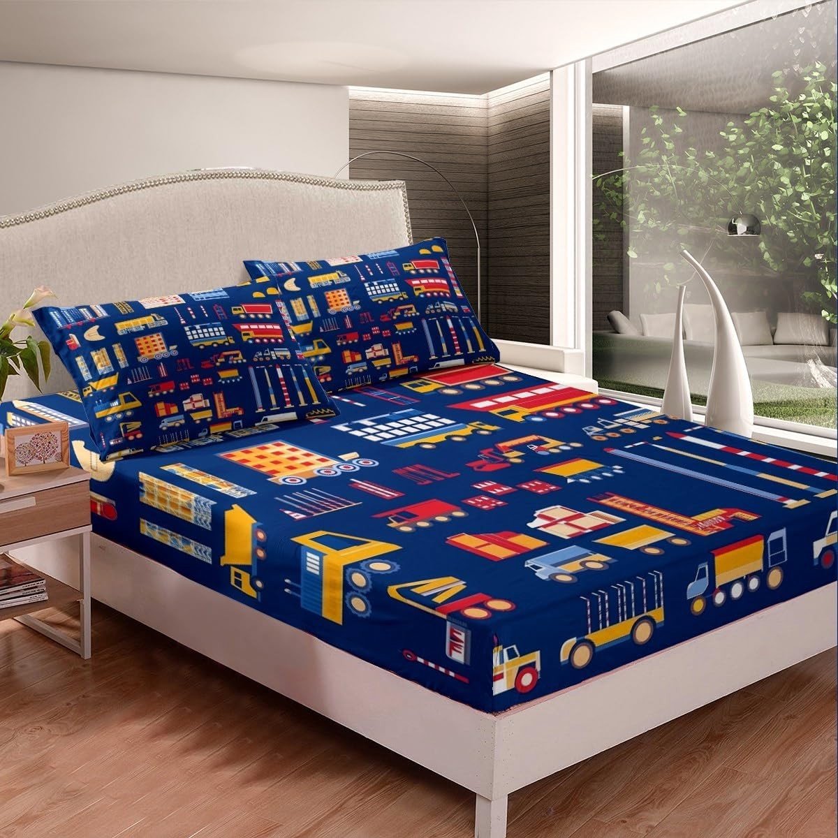 Hoeslaken kingsize voor kinderen met bouwvoertuigen, graafmachines en vrachtwagens - ademend beddengoed voor jongens en meisjes, ideaal voor tieners en autoliefhebbers
