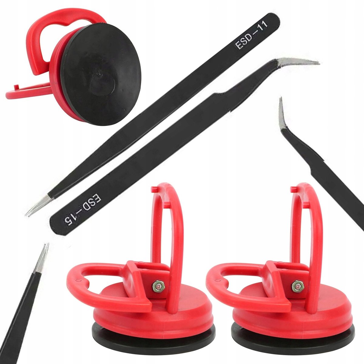 Rosfix Zuignap Set - 2x 55mm Zuignap 25kg - Precisiepincet ESD Recht en Gebogen RVS 135mm
