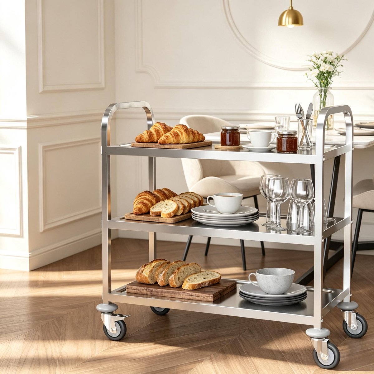 MIVRAY Dienblad – 3-Laags Serveerwagen Met Wielen – 90,5 x 50,5 x 88,2 cm – Verchroomd Roestvrij Staal – Zilver – Keukenopslag
