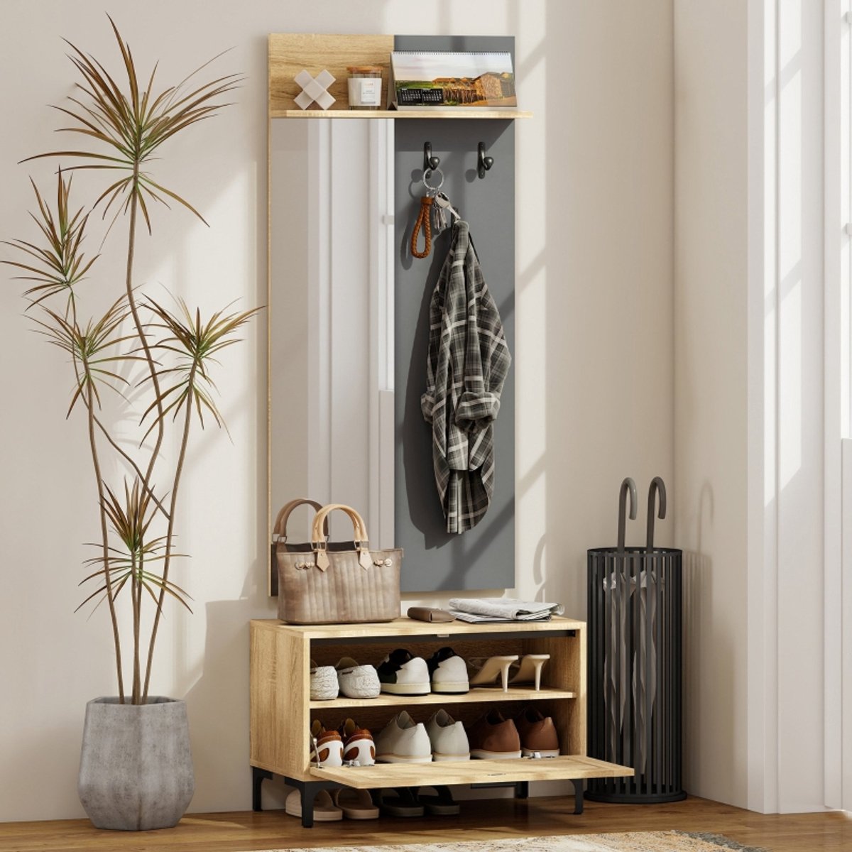 MIVRAY Kledingrek – Garderobeset met Spiegel en Schoenenbank – 68 x 35 x 127,5 cm – MDF en Metaal – Houtkleur Grijs – voor Hal