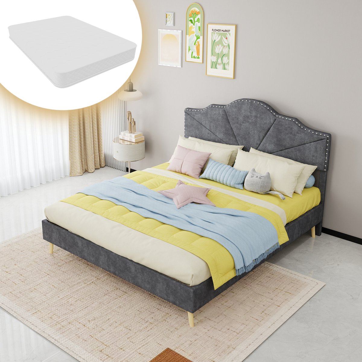 COVREO Bed 160x200 cm grijs stof, lattenbodem, inclusief matras