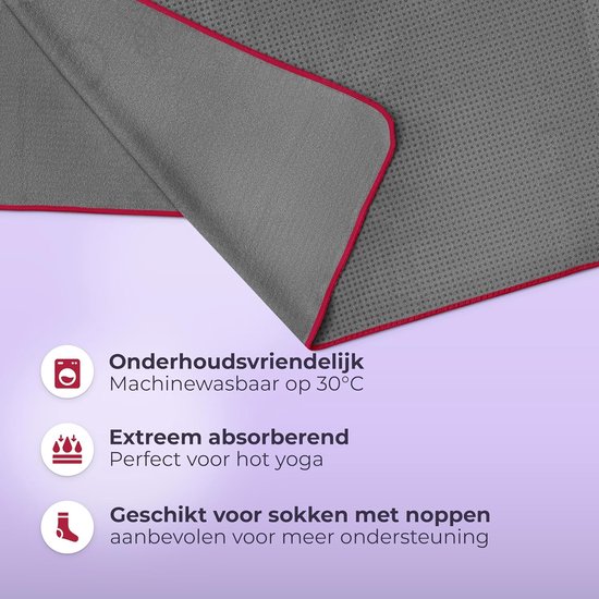 Yoga Handdoek - Mat Doek - Hygiënisch Sporten - Antislip Noppen - 185 x 63 cm - Grijs / Magenta — afbeelding 2