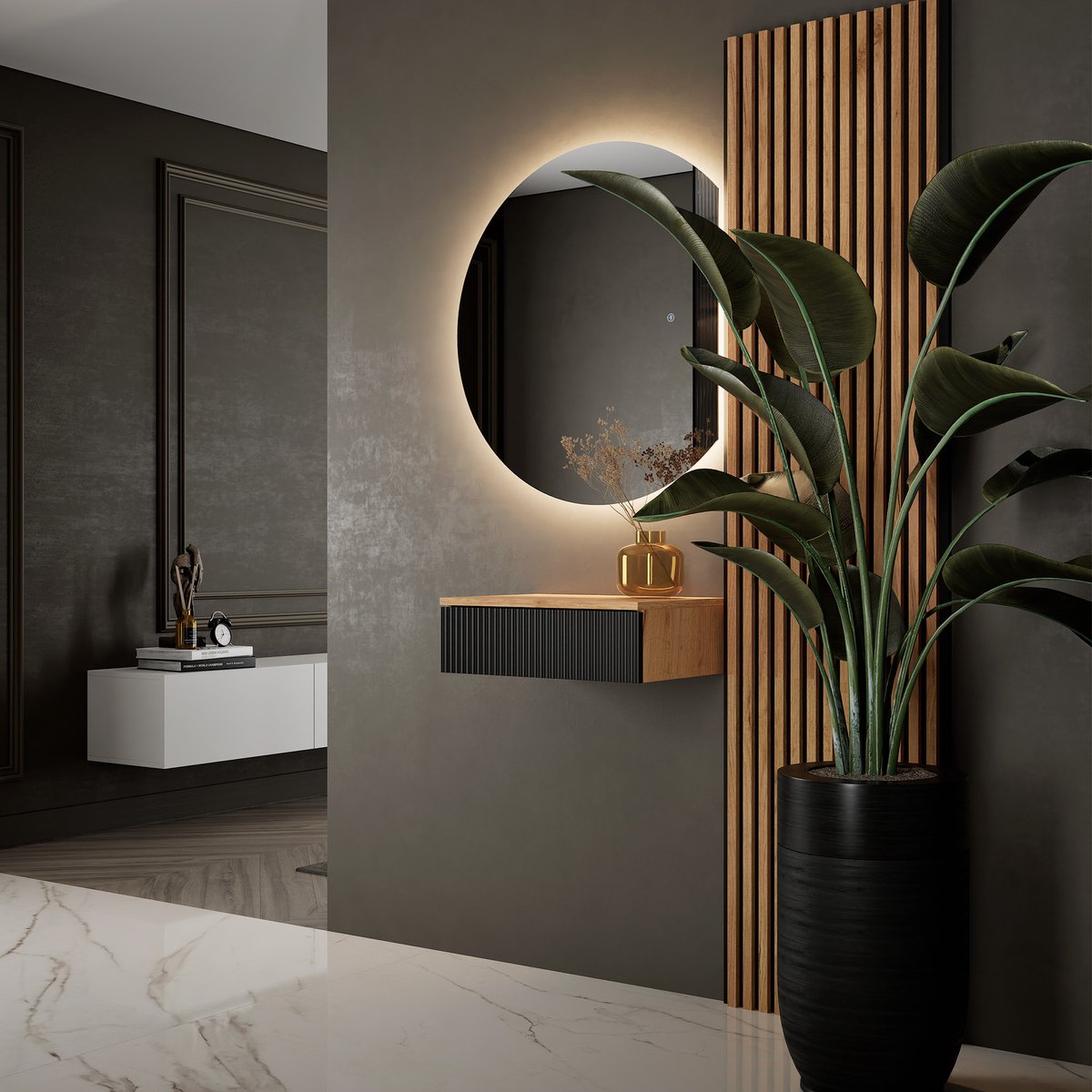 Planetmöbel AMYRA Garderobeset 50 cm – Goud Eiken/Zwart – AUBE LED Spiegel – Akoestiekpanelen – Wandhangend