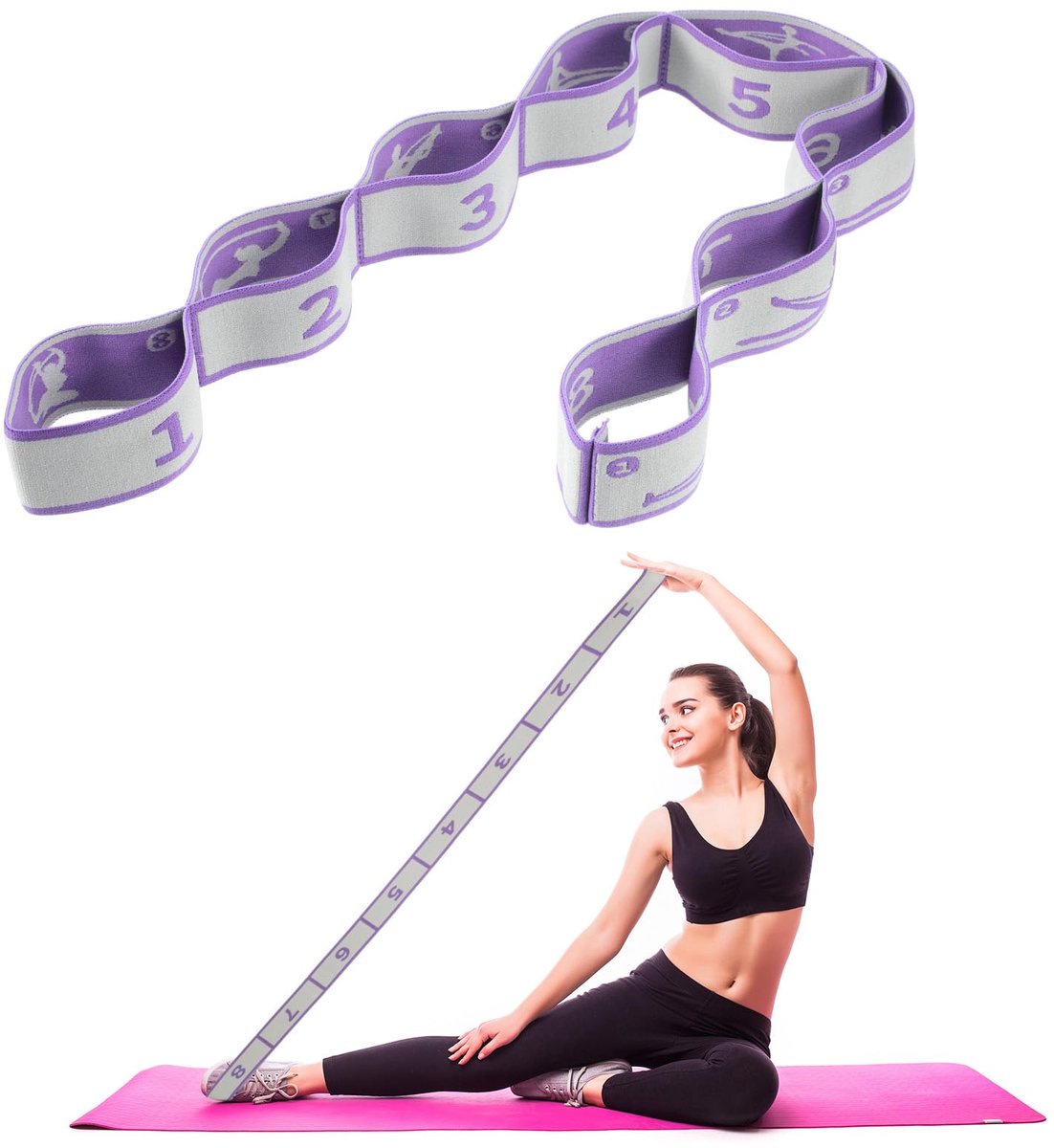 Yoga Stretchband met 8 Lussen, Elastisch Fitnessband voor Stretching en Pilates (Lila-grijs)