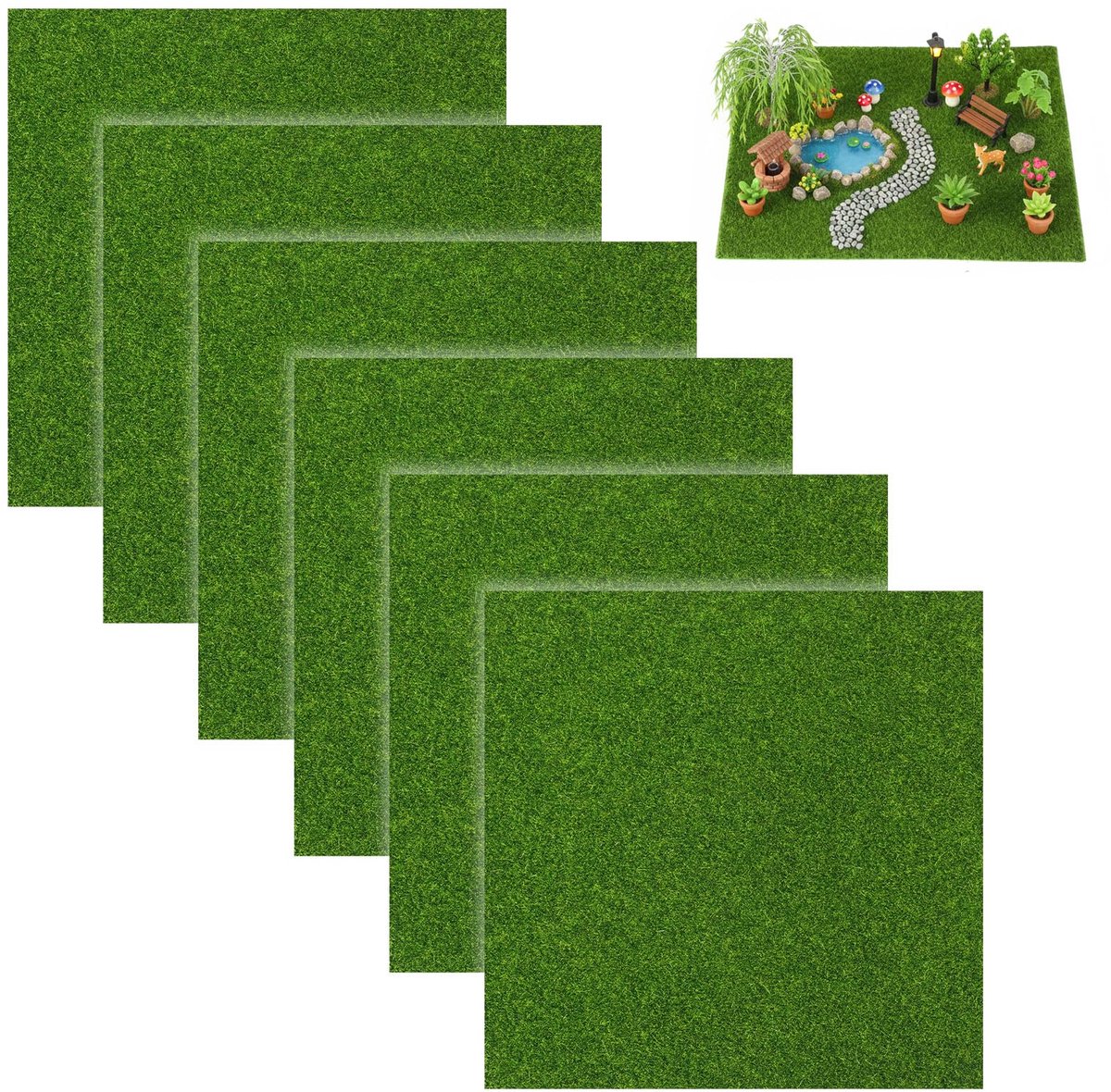 Set van 6 Miniatuur Kunstgrasmatten 15x15cm voor Creatief Gebruik