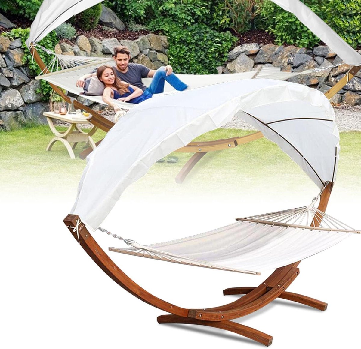 Hangmat met frame - Dubbele hangmat - Ontspannen buiten - Inclusief dak - 200 x 150 cm - Wit