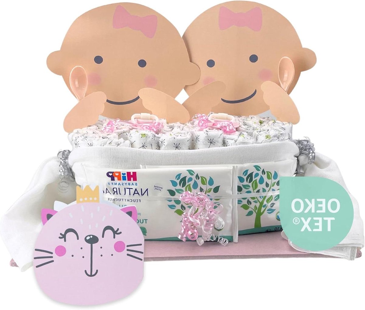 Luiertaart Tweeling Meisjes - Geboortecadeau Baby - Babyshower Cadeau - Handgemaakt met Liefde - Maat 3 Luiers - Roze/Blauw