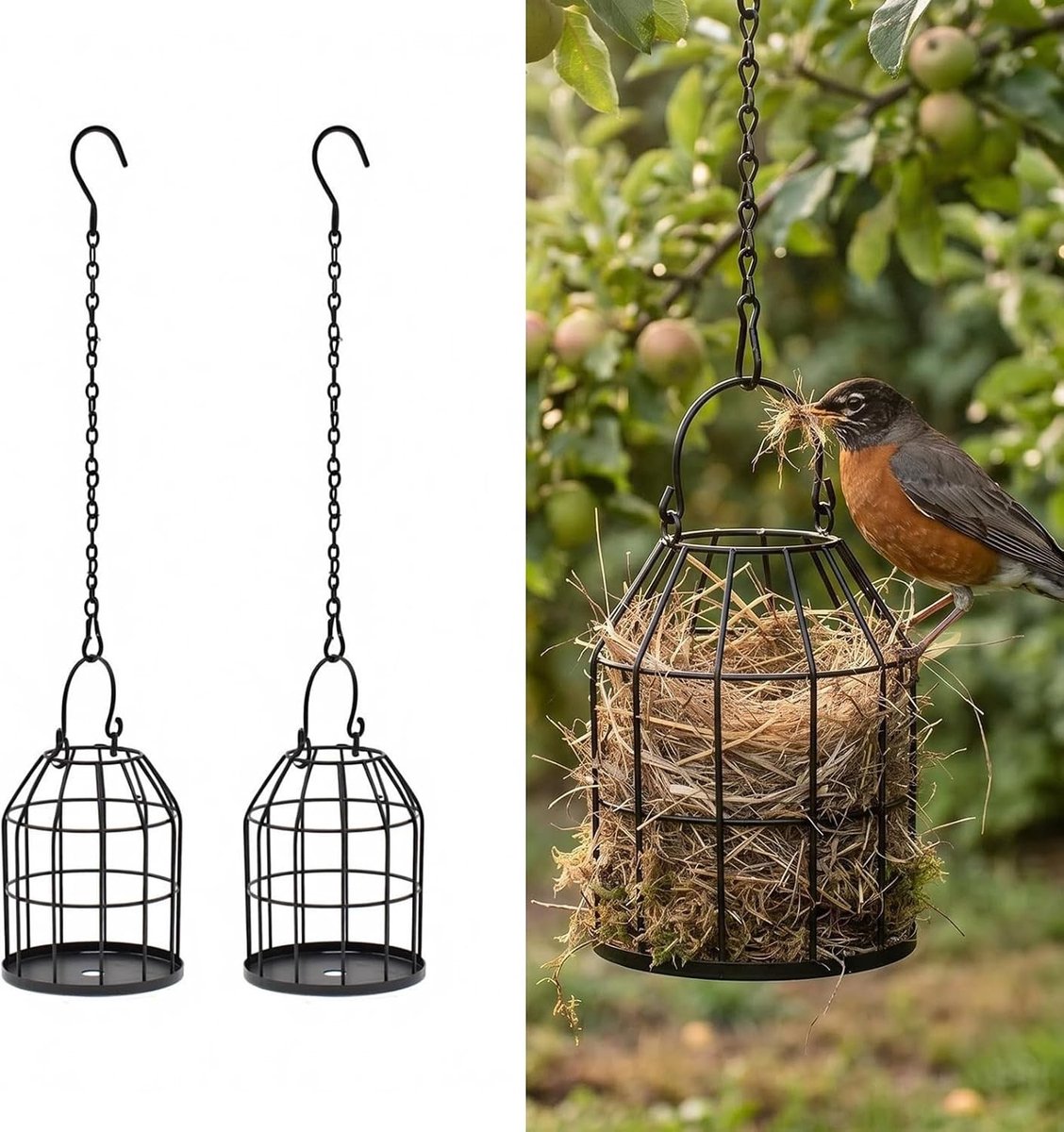 Hangend vogelvoederstation van metaal met ijzeren kettingen - 2 stuks vogelnestmateriaal houder voor wilde vogels, ideaal voor buiten en veranda, 9 x 11 cm, duurzaam en weerbestendig