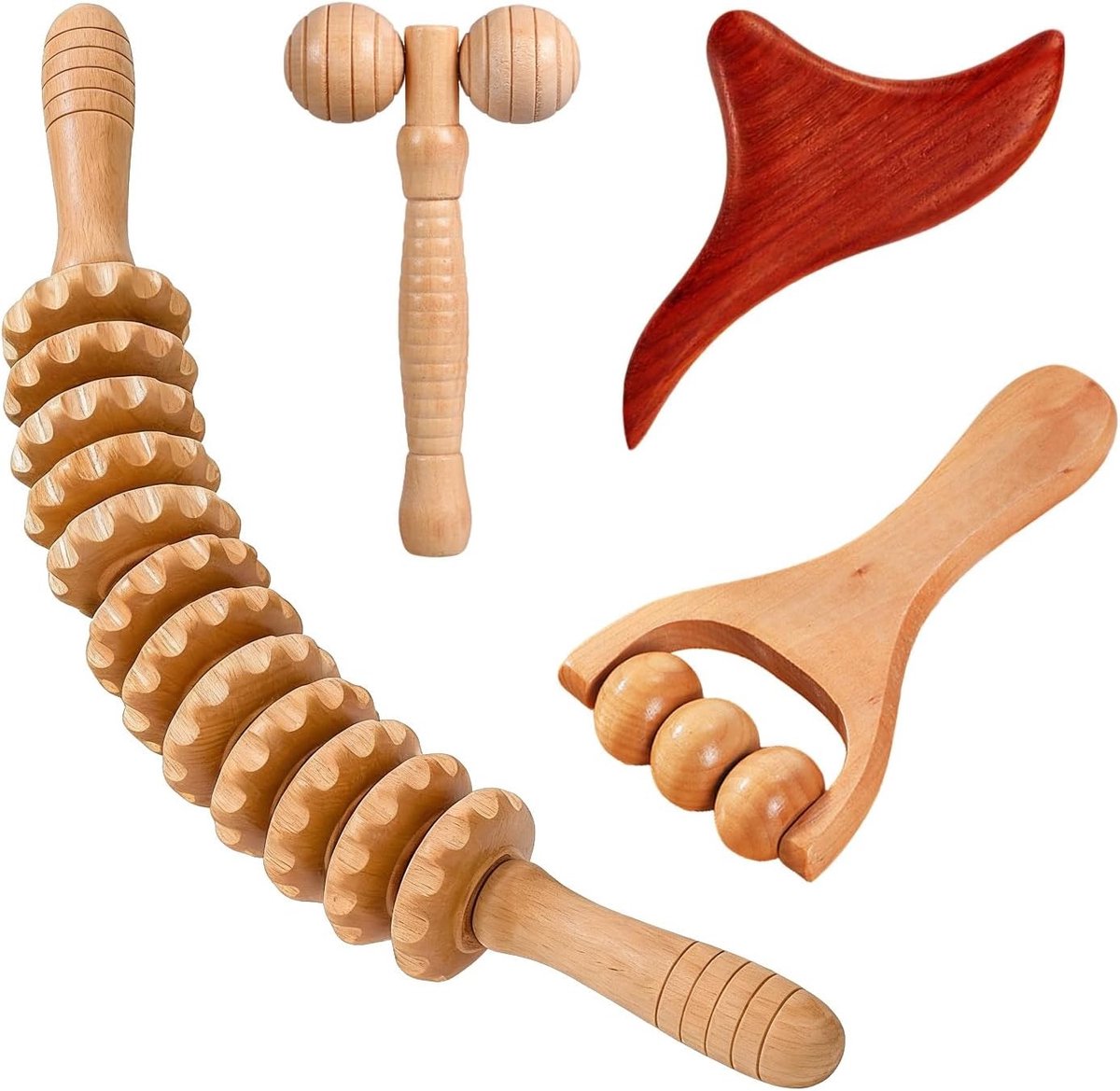 Set van 4 houten fasciarollen en massagestaafje voor triggerpoint therapie en spierontspanning