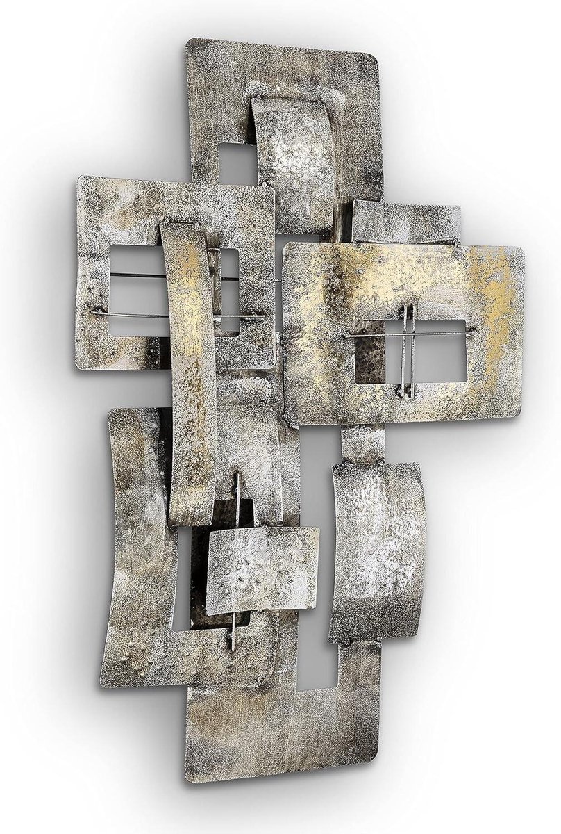 Metalen Wanddecoratie - Muurplaat Metaal - Woonkamer Decoreren - Handgemaakt Uniek Ontwerp - 60x80 cm - Zilver Grijs Brons