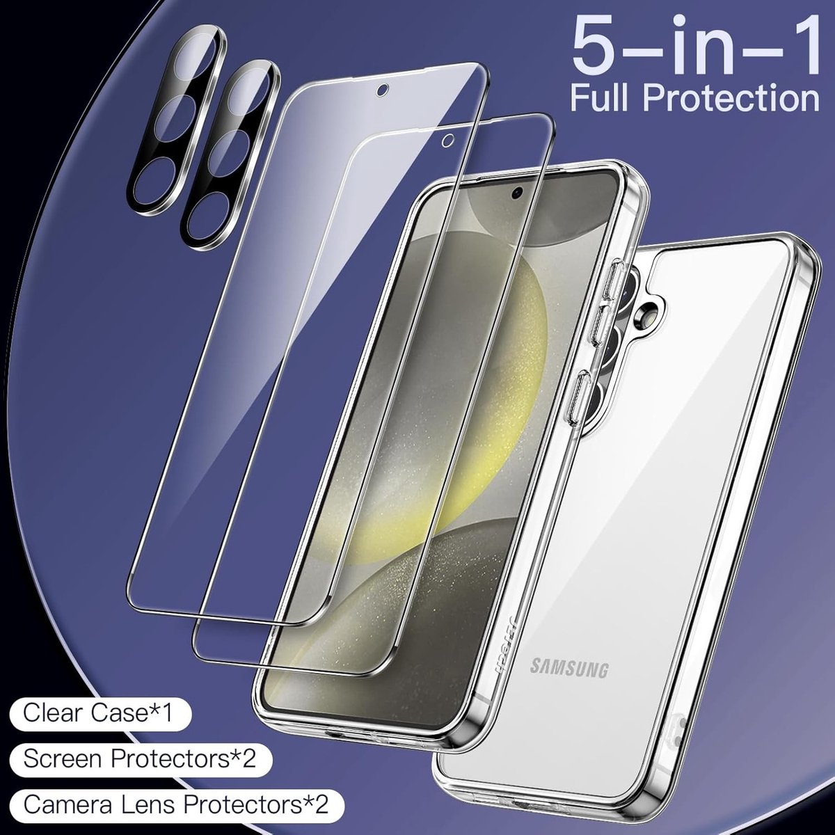 5 in 1 Hoes voor Samsung Galaxy S24, Anti-geel worden, Transparant, Schokbestendig, 2 Tempered Glass Screen Protectors en 2 Camera Lens Beschermers