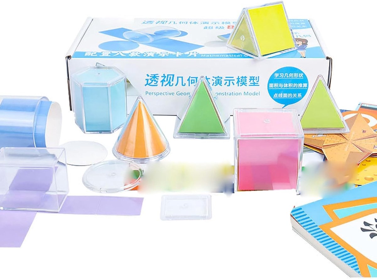 Educatieve Geometrische Modellen Set van 8 Stukken, Transparante 3D Lichaamsvormen met Afneembare Deksel en Vouwbare Kaarten voor Kinderen