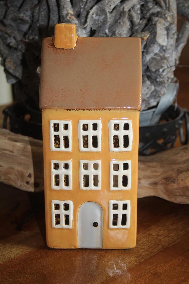 Keramiek Huisje - Windlicht Lantaarn - Sfeerverlichting Huis - Geglazuurde Keramiek - H 235 cm - Oranje