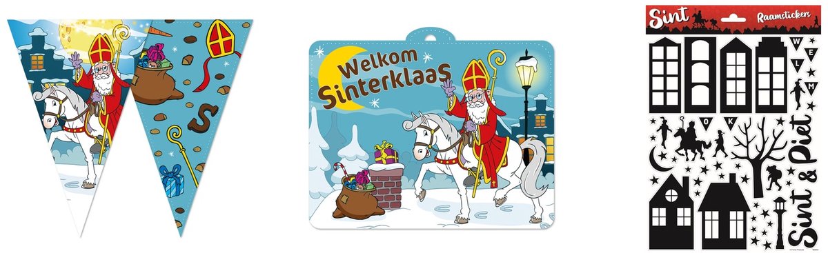 Sinterklaas Versiering Raam & Vlaggenlijn Set - Vlaggenlijn 10m, Feestschild & Raamstickers A4 - Brievenbusverpakking