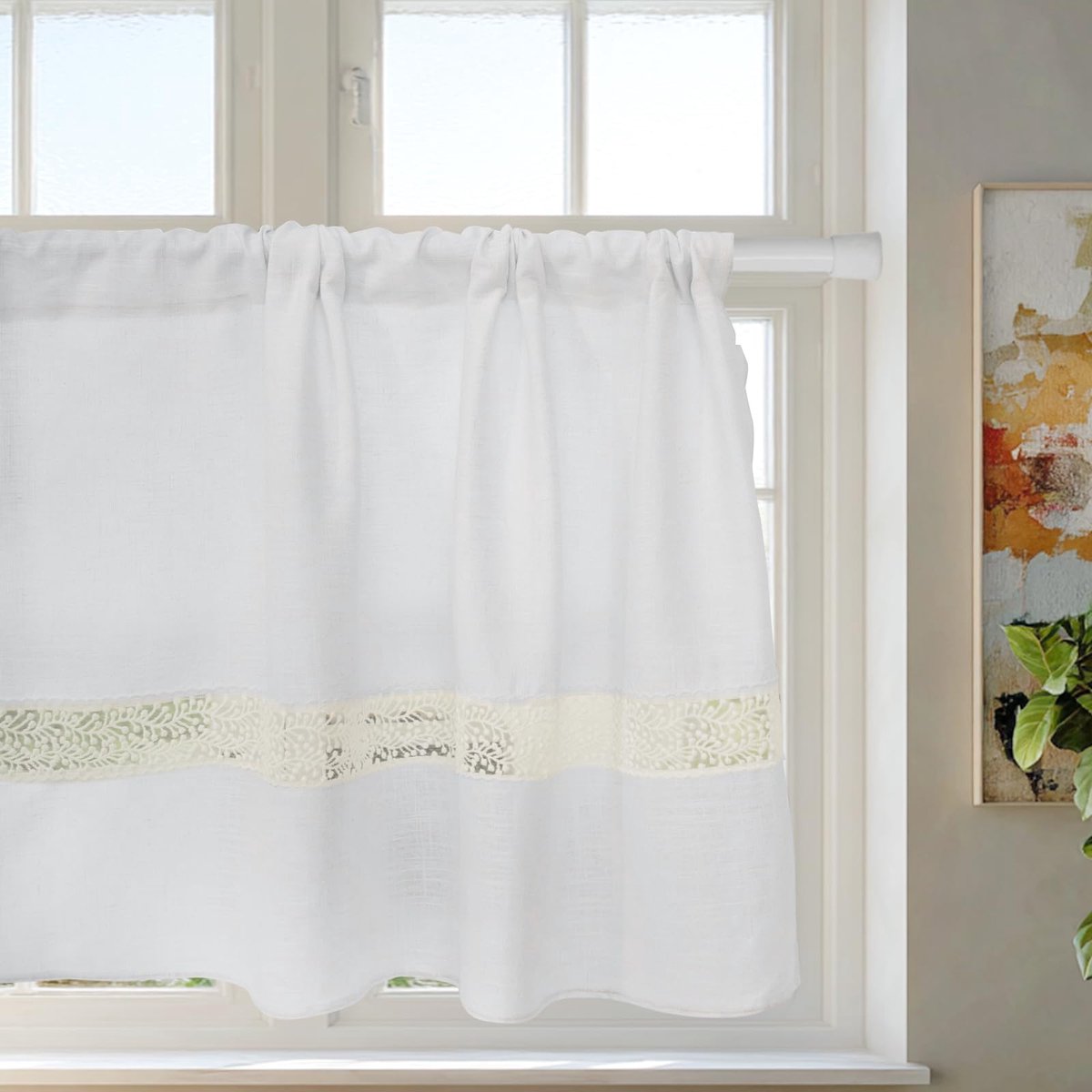 Vitrage keuken, wit, linnen, bistrogordijn voor landelijke stijl, gordijnen, kort, semi-transparante keukengordijnen, patchwork-patroon van kant, h 45 x b 125 cm - 1 stuk