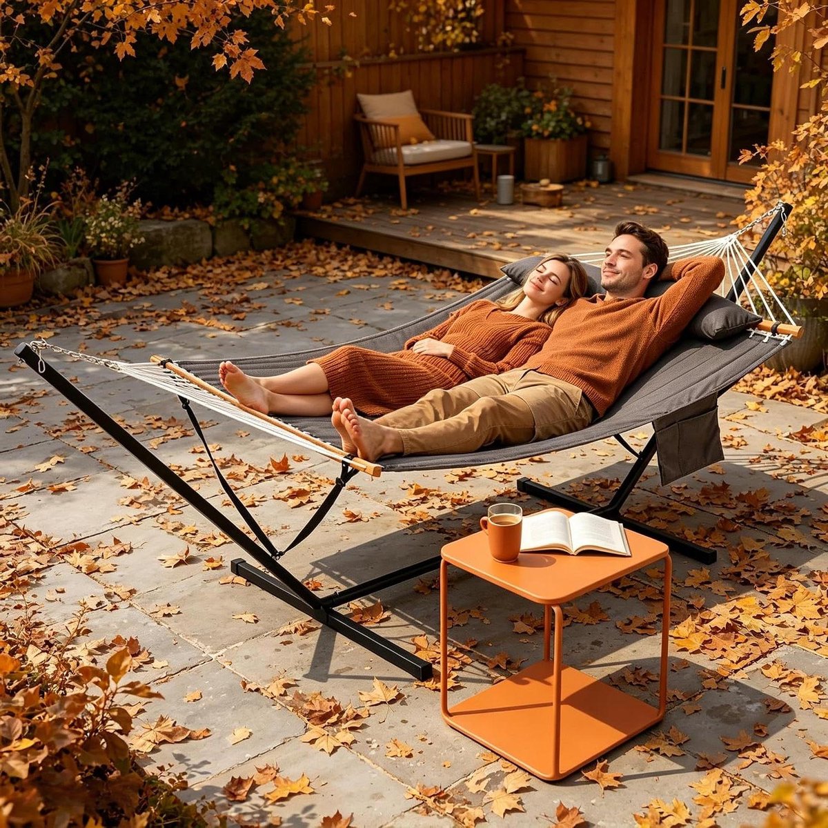 Dubbele hangmat - Met frame - Ontspannen buiten - Hoge stabiliteit 250kg - 200 x 140 cm - Donkergrijs