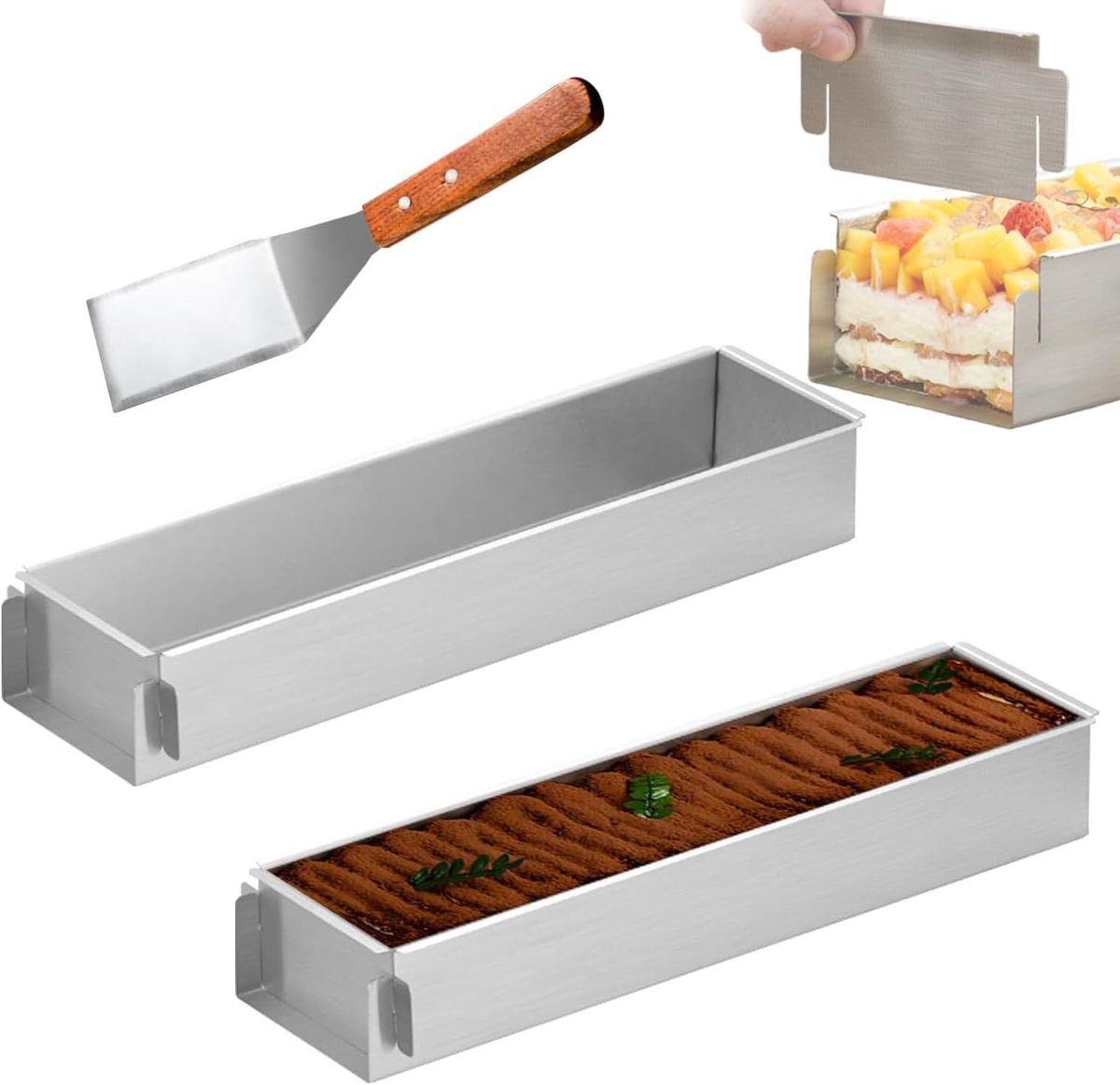Set van 2 rechthoekige bakvormen voor mousse, ideaal voor cheesecake en tiramisu, met anti-aanbaklaag en handige lepel voor perfect bakken