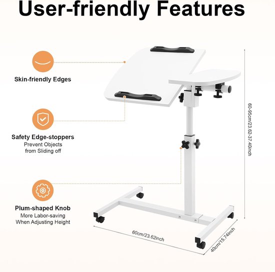 Bijzettafel In Hoogte Verstelbaar - Laptoptafel Bedtafel - Thuiswerken Bank - 360° Kantelbaar Bord - 60 x 40 cm - Wit — afbeelding 5