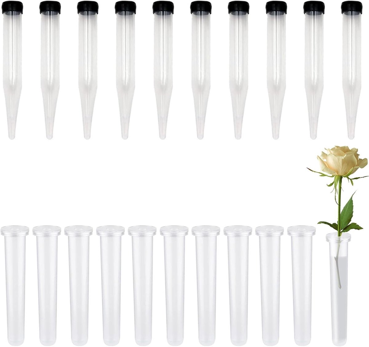 Set van 20 Transparante Bloemenvazen van Plastic met Siliconen Deksel voor Bloemstukken en Planten, Herbruikbaar en Ideaal voor Creatieve Arrangementen, 11 x 2.5 cm