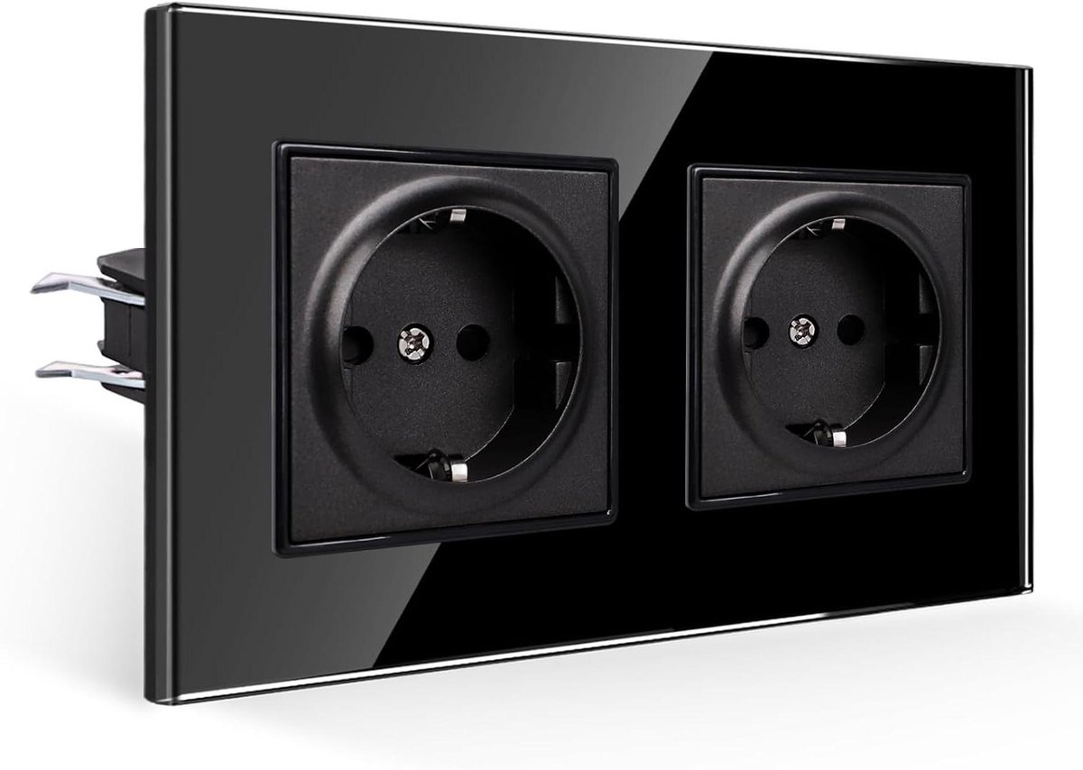 Dubbel Inbouwstopcontact - Wandcontactdoos - Huishoudelijk Gebruik - Gehard Glas - 157 x 86 mm - Zwart