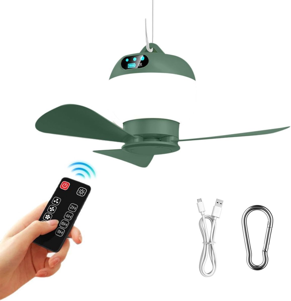 Plafondventilator met verlichting - Groen - 50 cm - USB Campingventilator met RGB LED en Afstandsbediening - Voor Outdoor en Tentgebruik