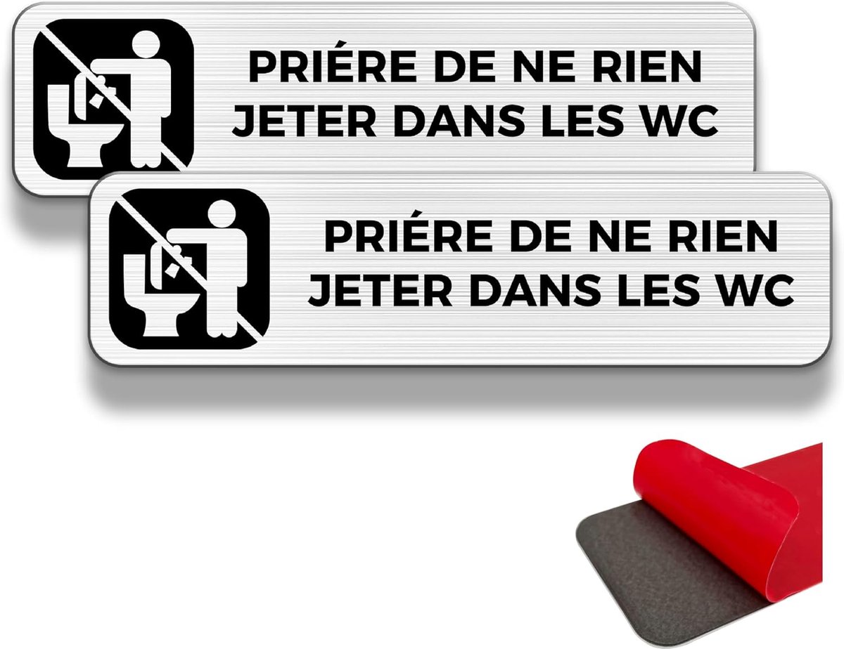 waarschuwingsbord voor toilet - 2 waarschuwingsetiketten - 19 × 5 cm - binnen - buiten - aluminium plaat - met zelfklevende sticker (Gooi niets in het toilet)
