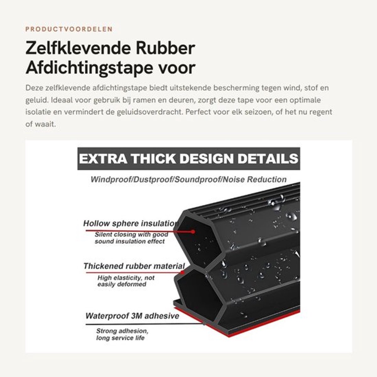 Afdichtingstape Waterdicht - Zelfklevende Deurdichting - Geluidsdicht - Winddicht - Stofdicht - Zacht Rubber 12 mm x 6 m