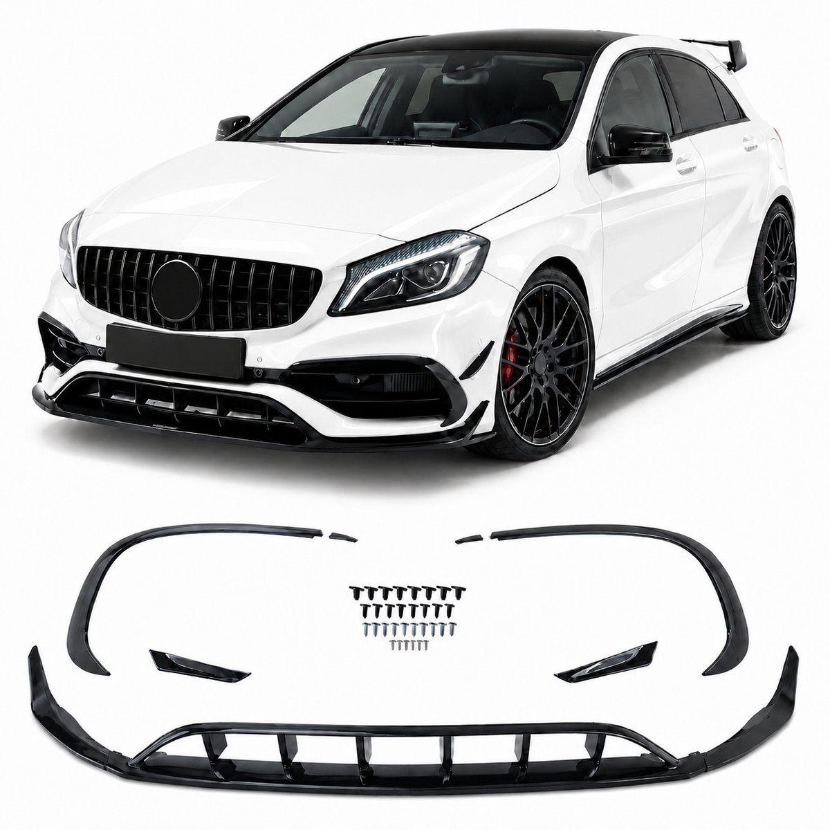 Voorspoiler Geschikt voor Mercedes A-Klasse W176 Facelift AMG Stylingpakket 10/2015-2018 – Front Lip Spoiler – Hoogglans Zwart