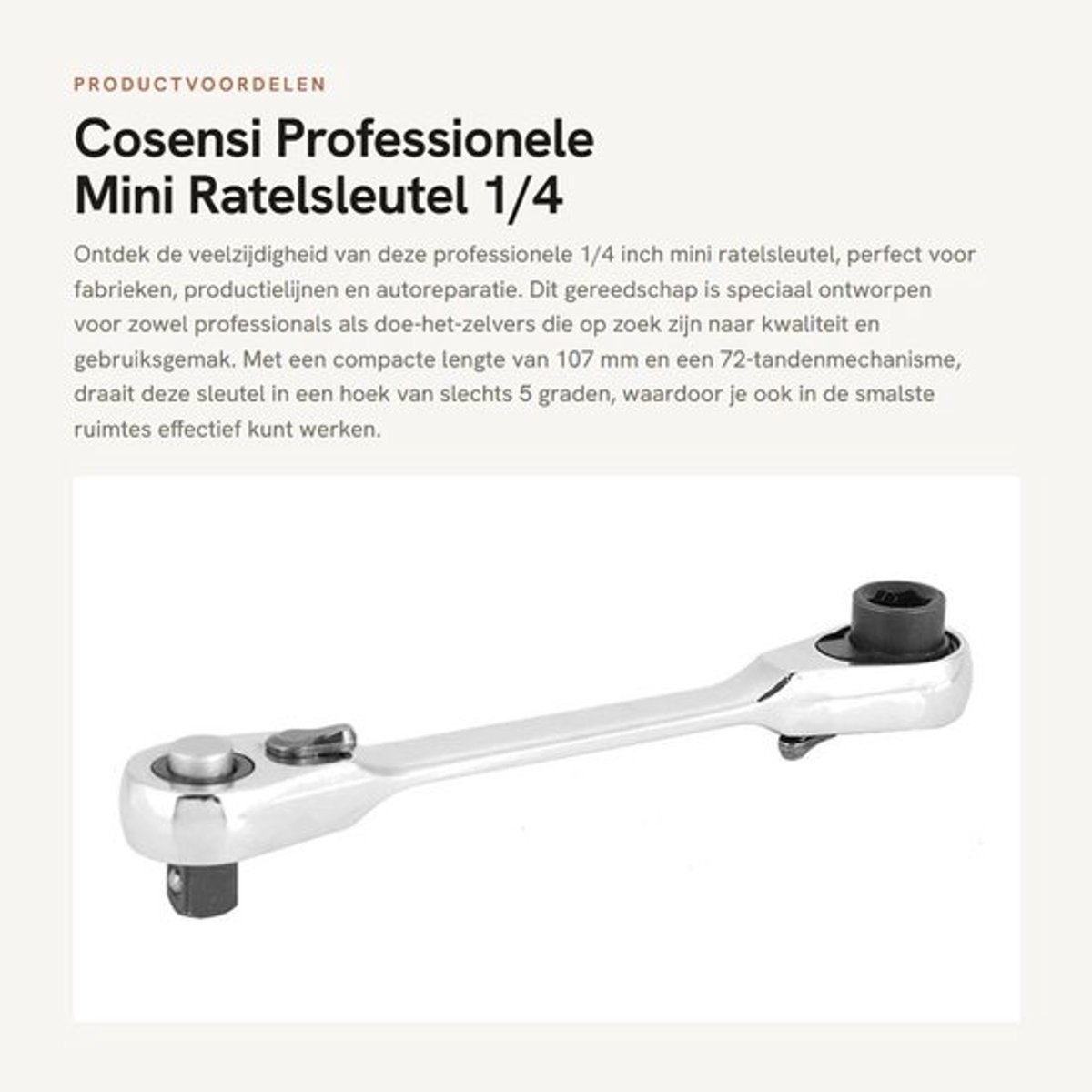 Ratelsleutel Professioneel 72 Tanden - Mini Ratelsleutel 1/4 Inch - Verchroomd - Antislip Handvat - Schokbestendig - Snelle Release Functie - Steeksleutel
