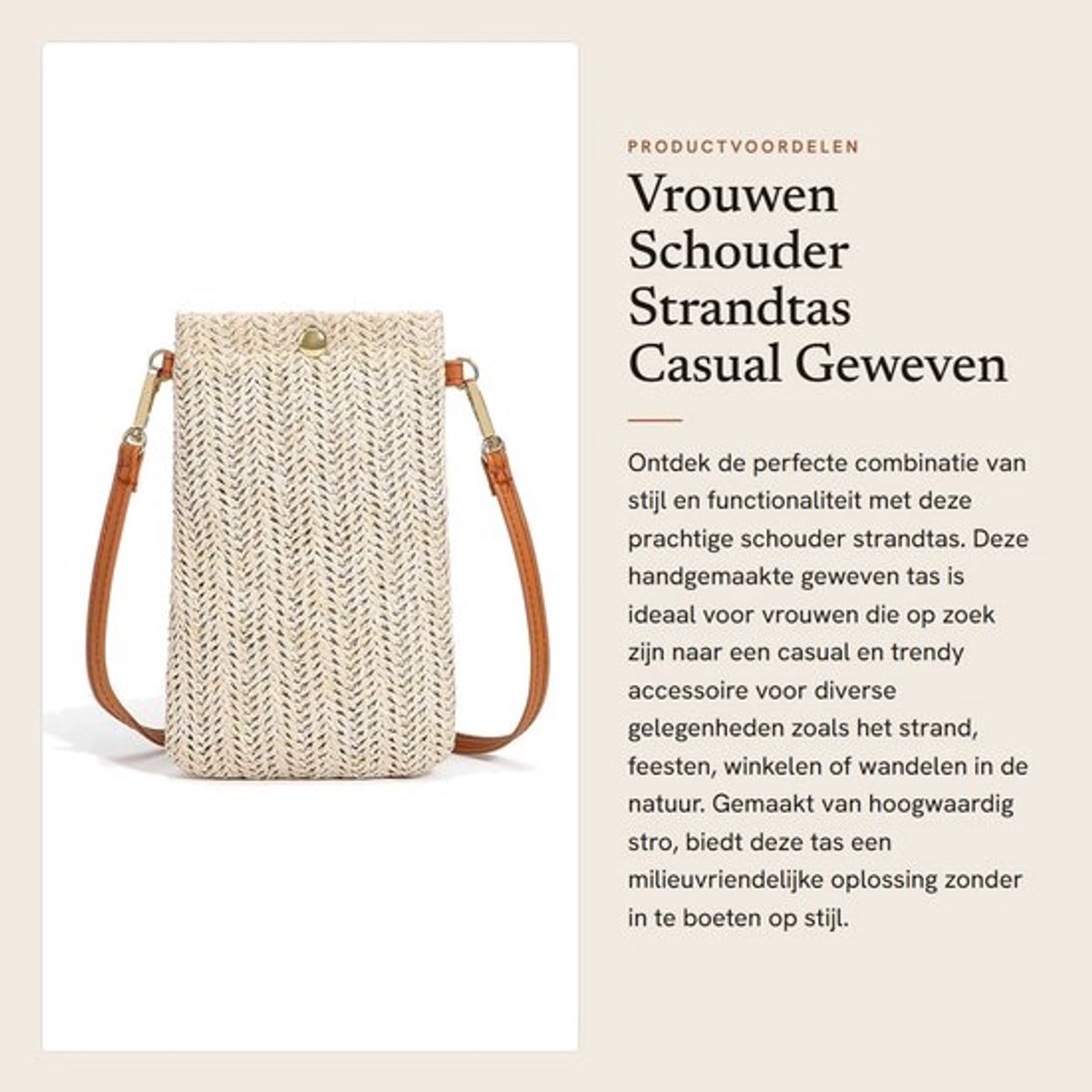Strandtas Casual - Geweven Stro - Schoudertas - Lichtgewicht - Handgemaakt - Ideaal voor Strand en Winkelen