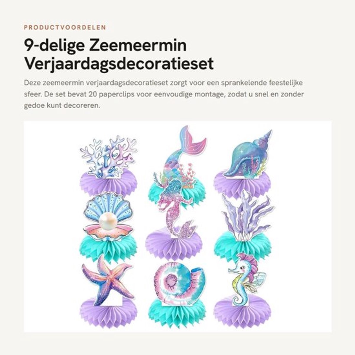 Zeemeermin Verjaardagsdecoraties Set van 9 - Honingraatdecoratie - Lichtgewicht - Paperclips - Snelle Montage - Scheurbestendig Karton - Feestdecoraties
