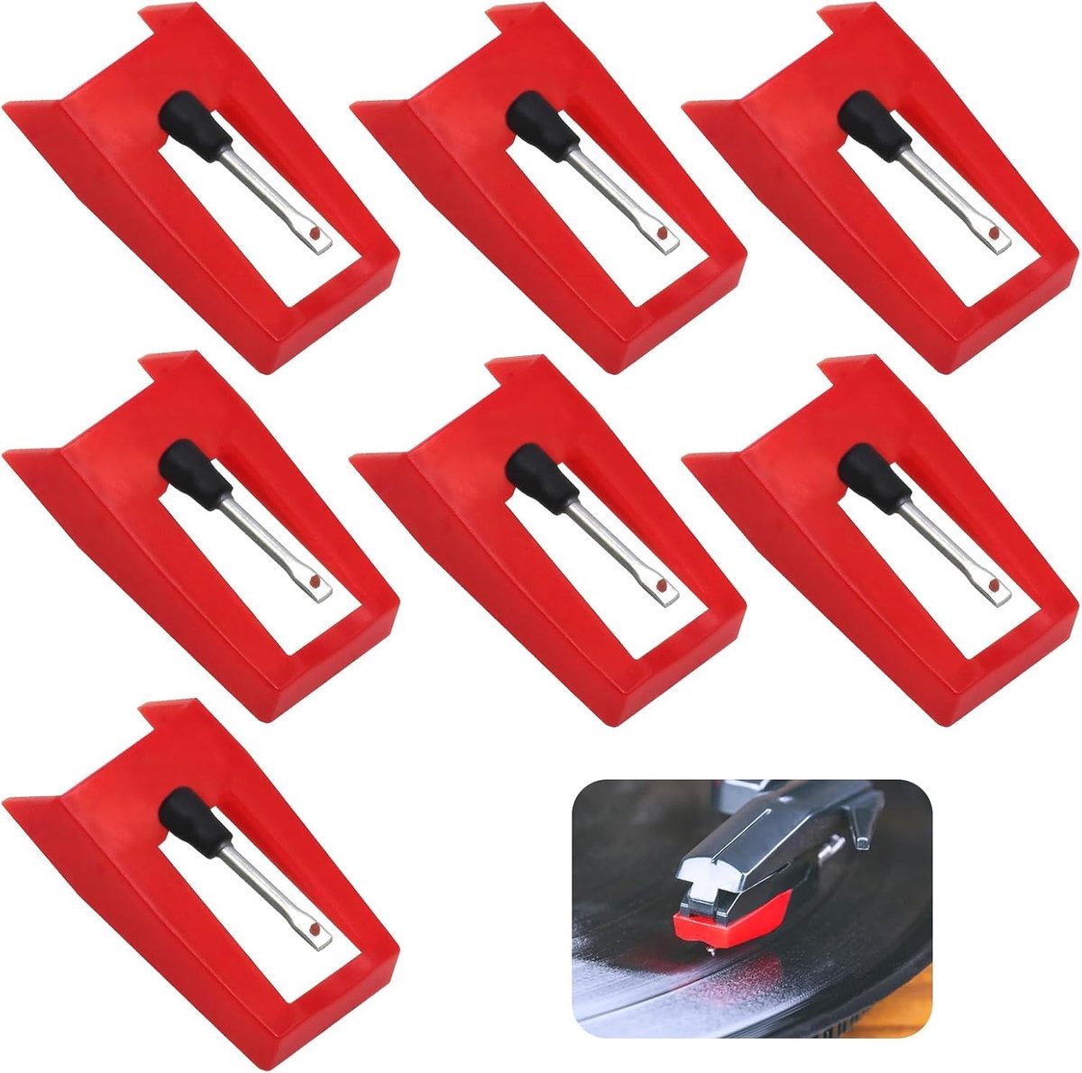 SnelShoppen - 7 Stuks Reservepen Platenspeler voor Vinylplaten - Universeel Reserveonderdeel - Geschikt voor Platenspelers en Fonografen - Rood