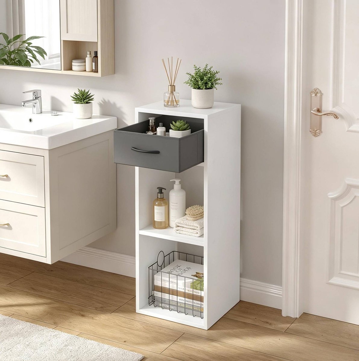 Kast Vakkenkast – 32,4 x 30 x 80 cm – Met Lade En 3 Vakken – Hout – Grijs Wit – Staande Opbergkast