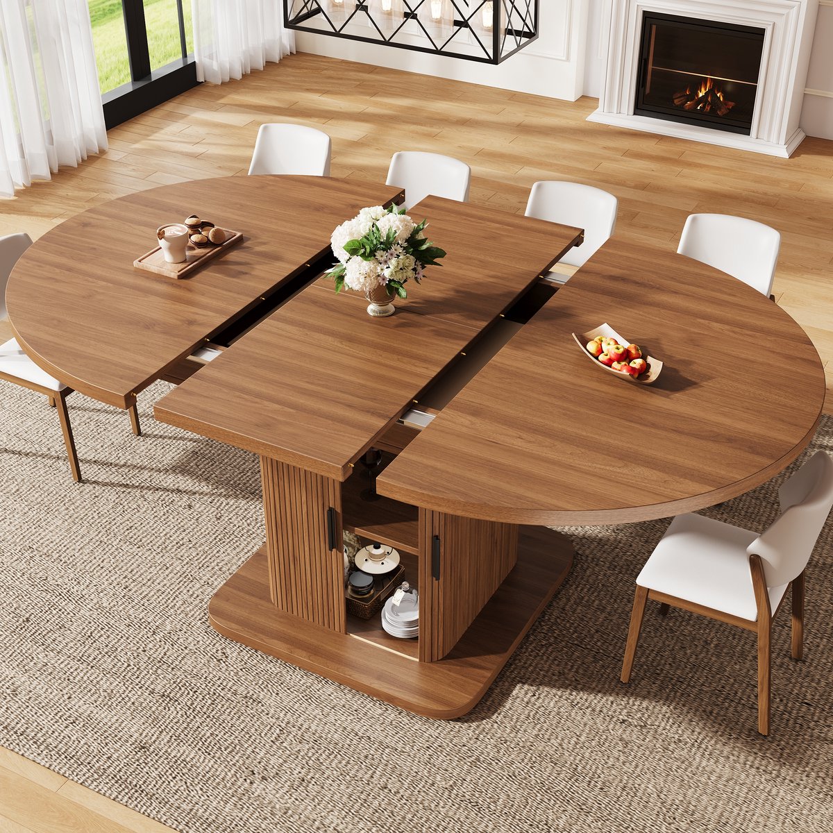 DESMIU Eettafel - Uitschuifbaar Ovaal Met Opbergruimte En Schuifdeuren - Modern Voor Woonkamer En Eetkamer - MDF En Metaal - 149,8x110x75 Cm - Wood