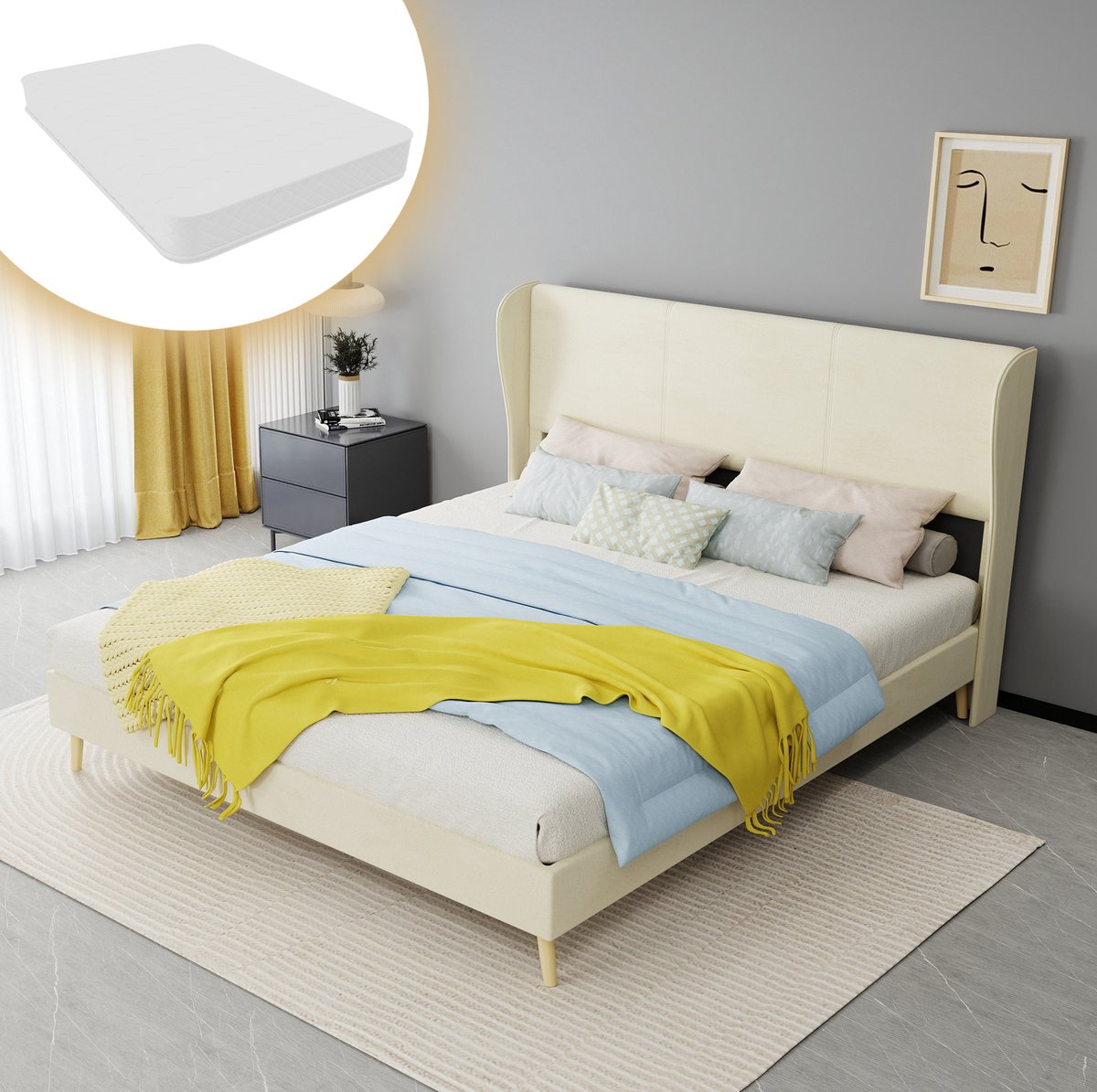 COVREO Bed 160x200 cm beige stof, met hoog hoofdbord en lattenbodem