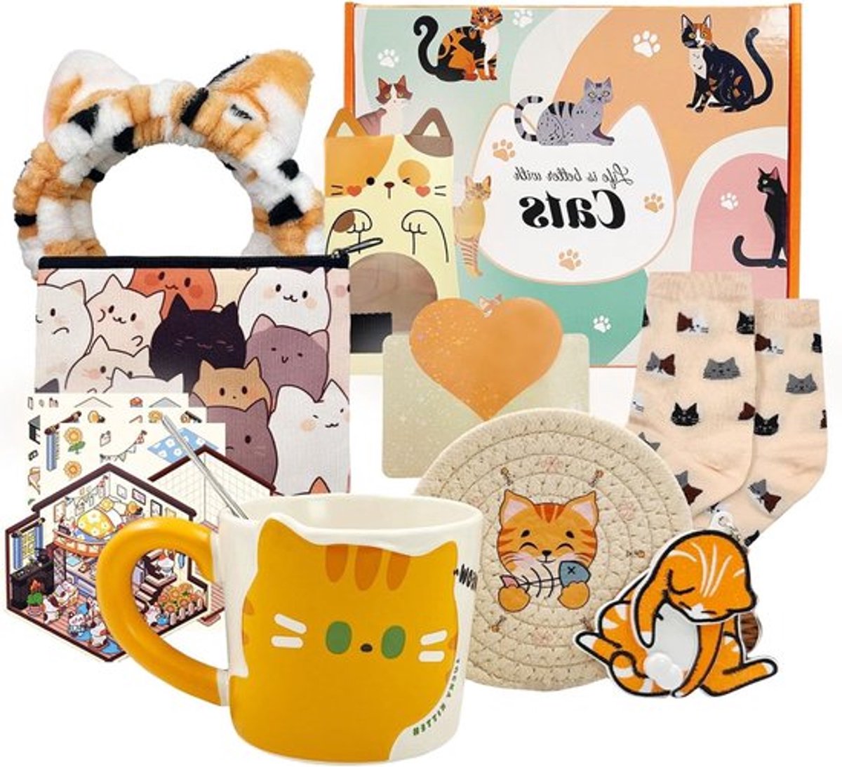 Cadeauset voor Kattenliefhebbers met Mok, Portemonnee, Sokken en Sleutelhanger - Perfect voor Verjaardag en Feestdagen