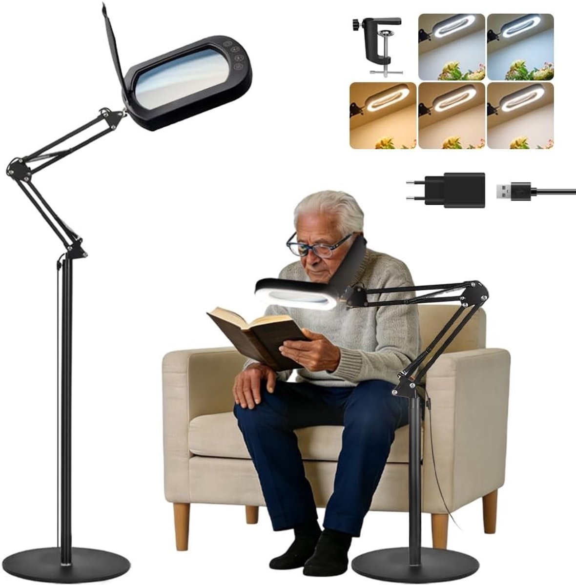 Vergrootglas met Licht en Standaard - Wit - 4,33 inch - Met Flexibele Zwenkarm en 5 Kleurmodi - Voor Handwerk en Hobby