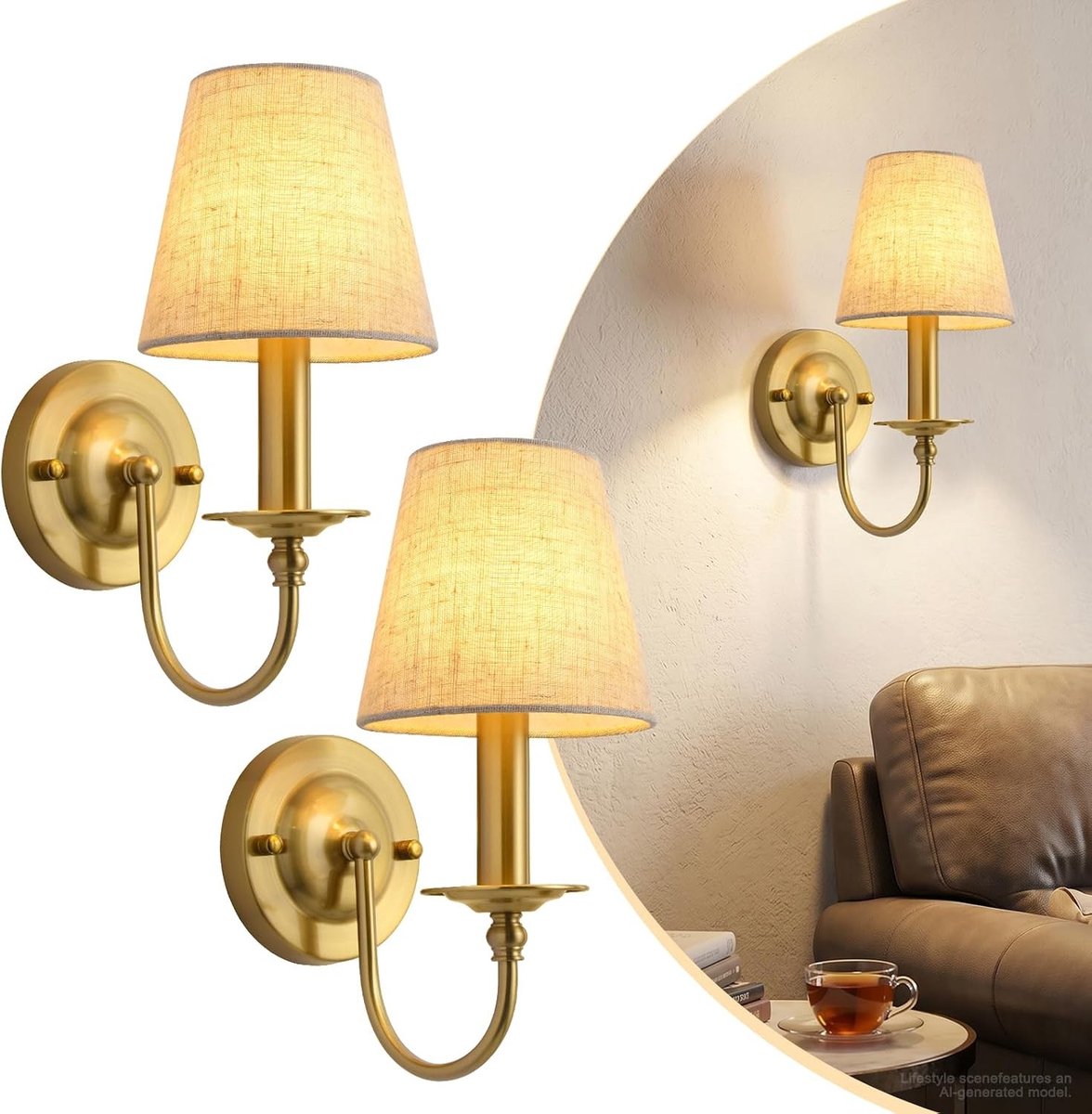Wandlampen Set van 2 - Goud - - Met Beige Stoffen Kap - Voor Binnengebruik