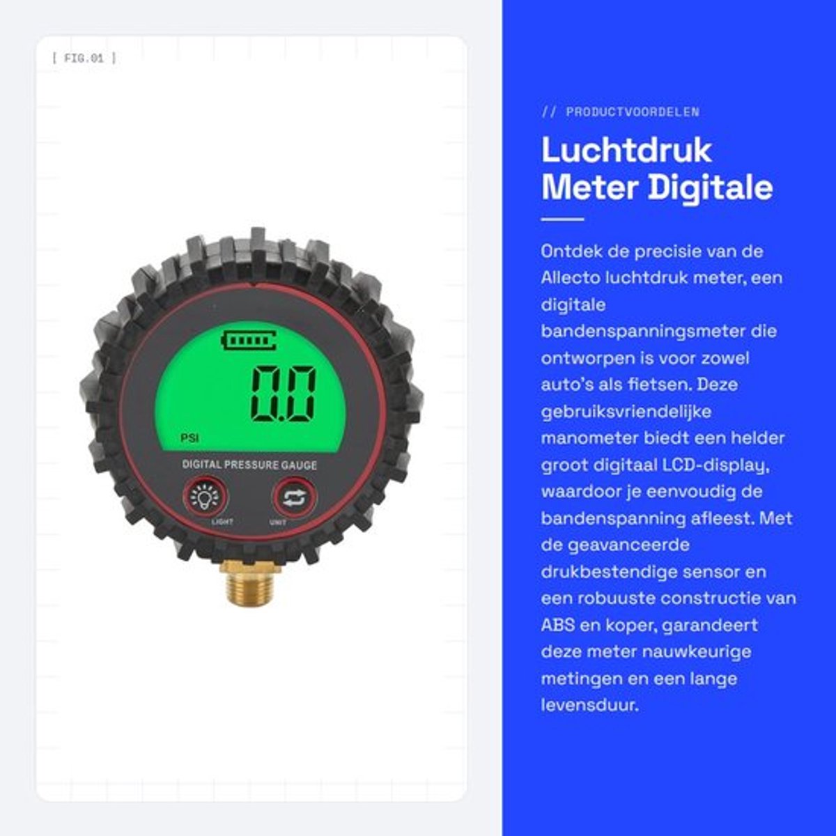 Bandenspanningsmeter Digitale Manometer - Groot LCD-Display - M11x1 Aansluiting - Drukeenheden Schakelbaar - ABS/Koper Materiaal - Meetbereik 3-255 PSI