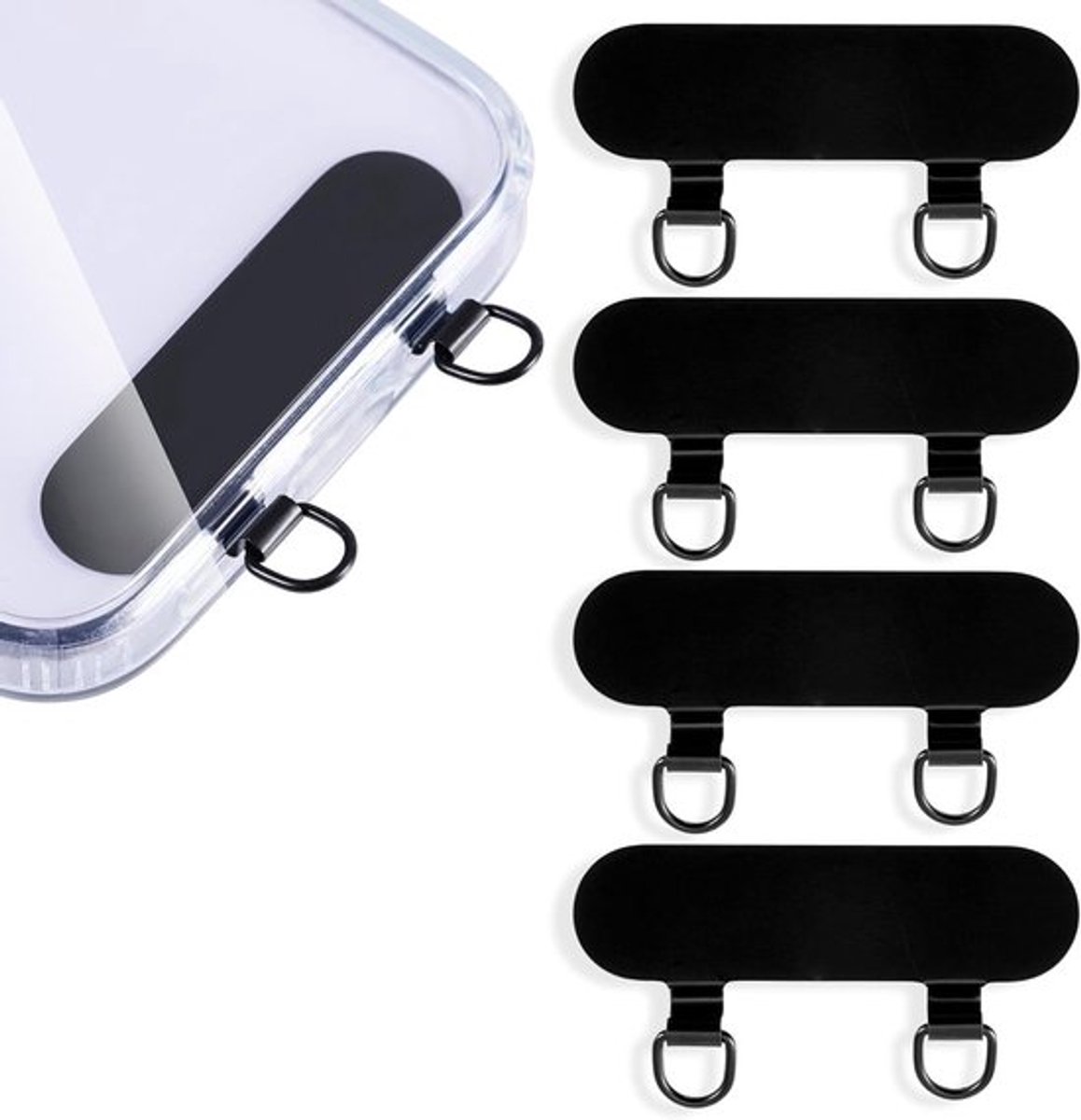 Set van 4 metalen telefoon tethers voor smartphone, upgrade vervangingsonderdeel voor telefoonriem en mobiele telefoonkoord, compatibel met diverse smartphonehoesjes (Zwart)